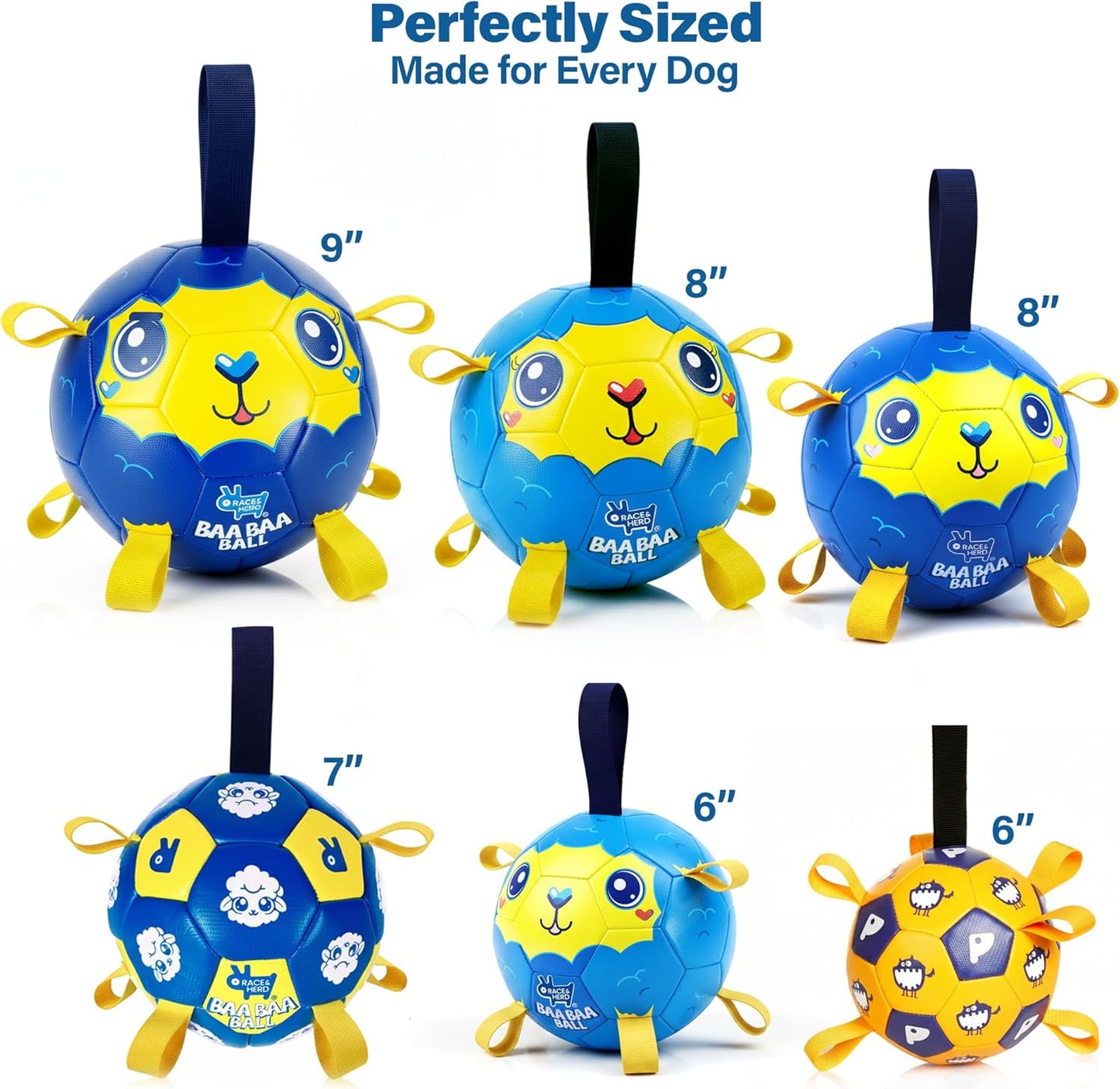 Race&Herd 6" Jolly Soccer Ball for Dogs - Tough Durable Dog Ball Toy with Straps, Pet Bouncy Herding Balls for Dogs, Floating Dog Balls with Tags for Water Fetch (BaaBaaBall, Alien Sheep)