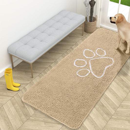 OLANLY Door Mat for Muddy Dog Paws 59x24, Ultra Absorbent Chenille Mud Doormat with Paw Print Design, Non-Slip Washable Doormat for Indoor Entryway, Quick-Dry Pet Bed Mats for Dirty Dogs, Beige
