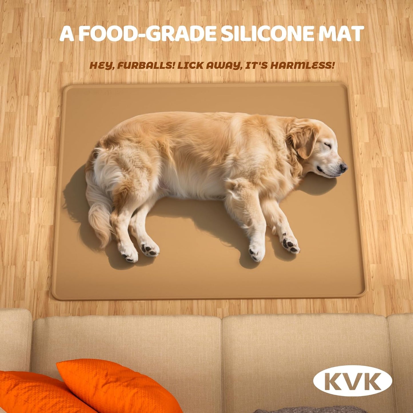 KVK Extra Extra Large Silicone Dog Food Mat 39.4×43.3in and 128oz Silicone Bag Set, Super Size Waterproof Pet Feeding Mat & Container, Non-Slip, Chew-Resistant Floor Protection (Taupe&Orange)