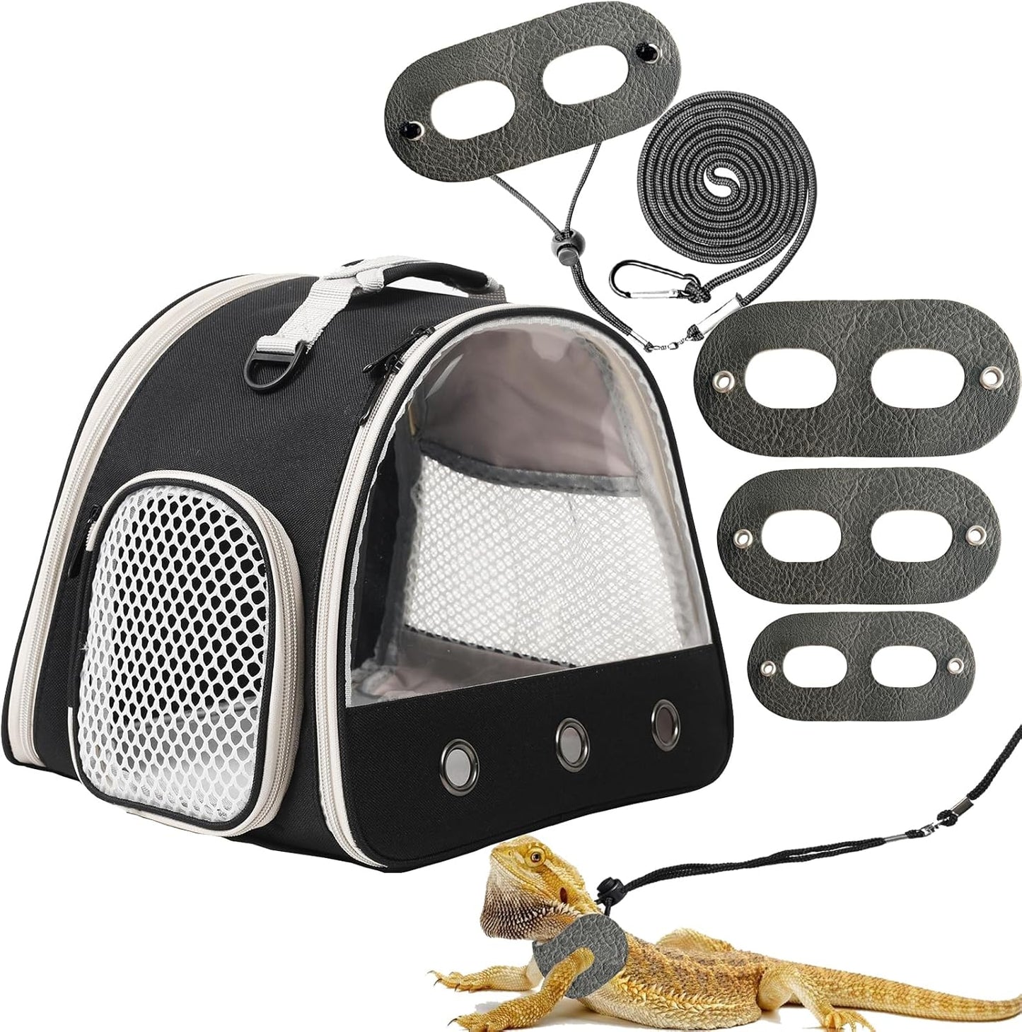 Leopard Gecko Portable Carrier with Leather Harness and Leash Set,Small Animal Travel Cage with Transparent Window,Lizard Carrier for Hamster Rabbit Gerbil Hedgehog Sugar Glider
