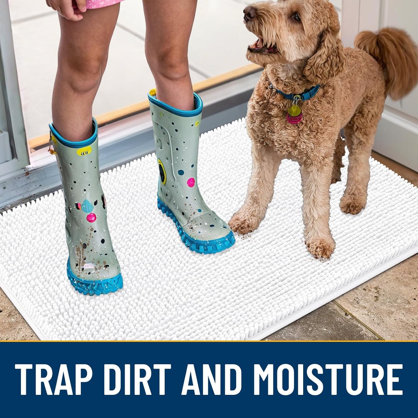 Smiry Dog Door Mat for Muddy Paws 24x16, Absorbs Moisture and Dirt Doormat, Non-Slip Washable Quick Dry Chenille Front Door Mat Indoor Entrance, Entryway Carpet for Inside Floor, White