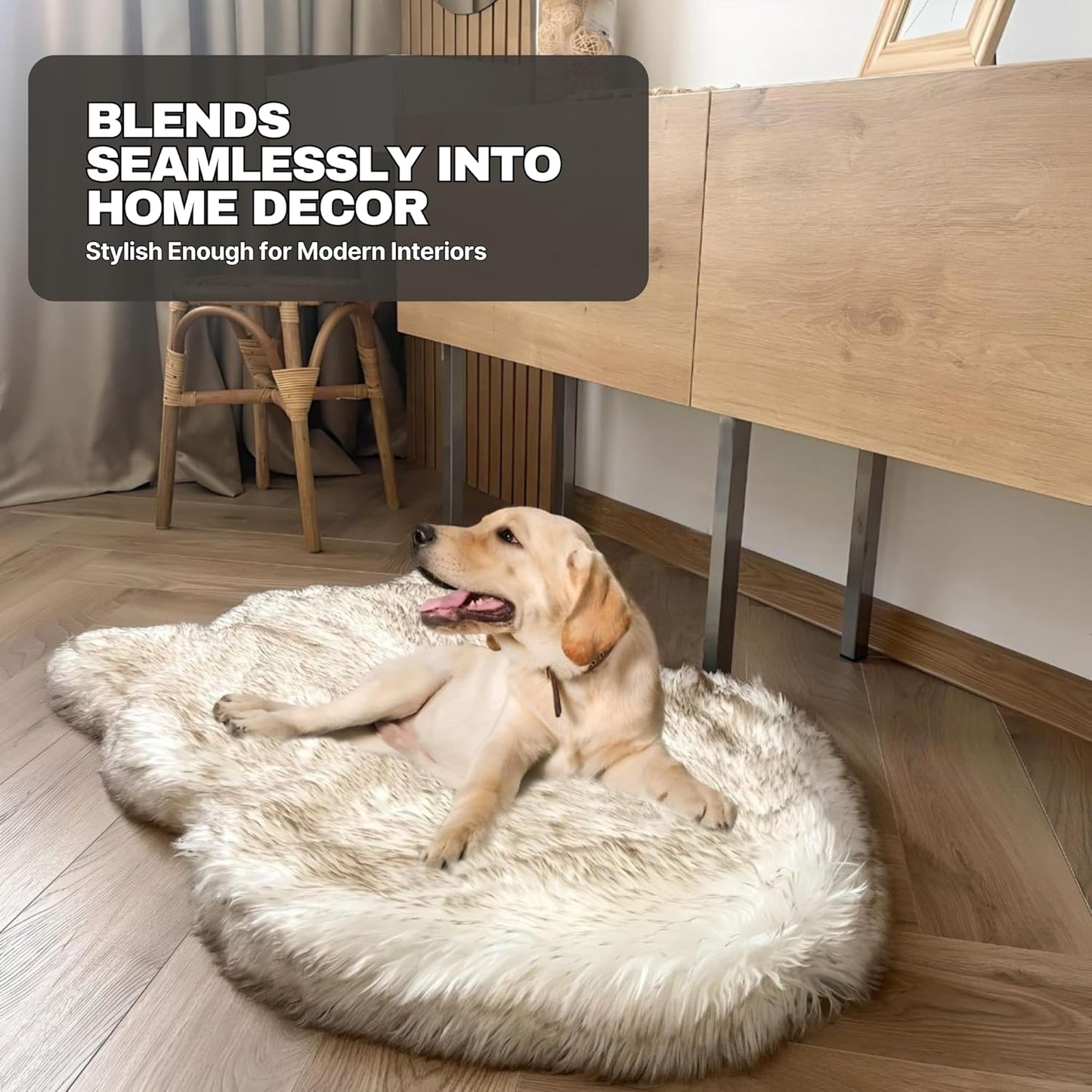 IHAPPYDOG Luxury Faux Fur Orthopedic Dog Bed, Memory Foam Dog Bed for Small, Medium, Large and XL Pets, Fluffy Pet Rug with Waterproof and Washable Cover (White w/Brown Tips, 40"x25")