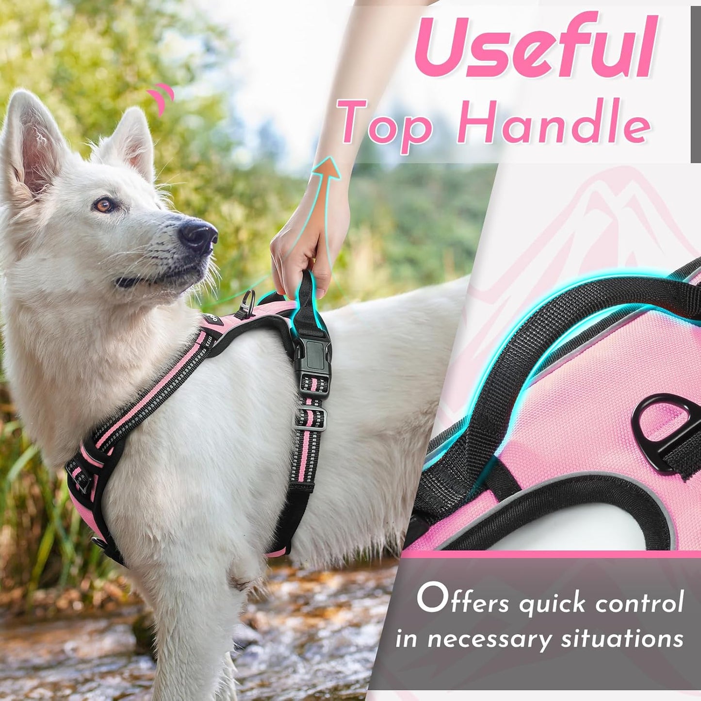 Eagloo Dog Harness Large Breed, No Pull Service Vest with Reflective Strips and Control Handle, Adjustable and Comfortable for Easy Walking, No Choke Pet Harness with 2 Metal Rings, Pink, XL