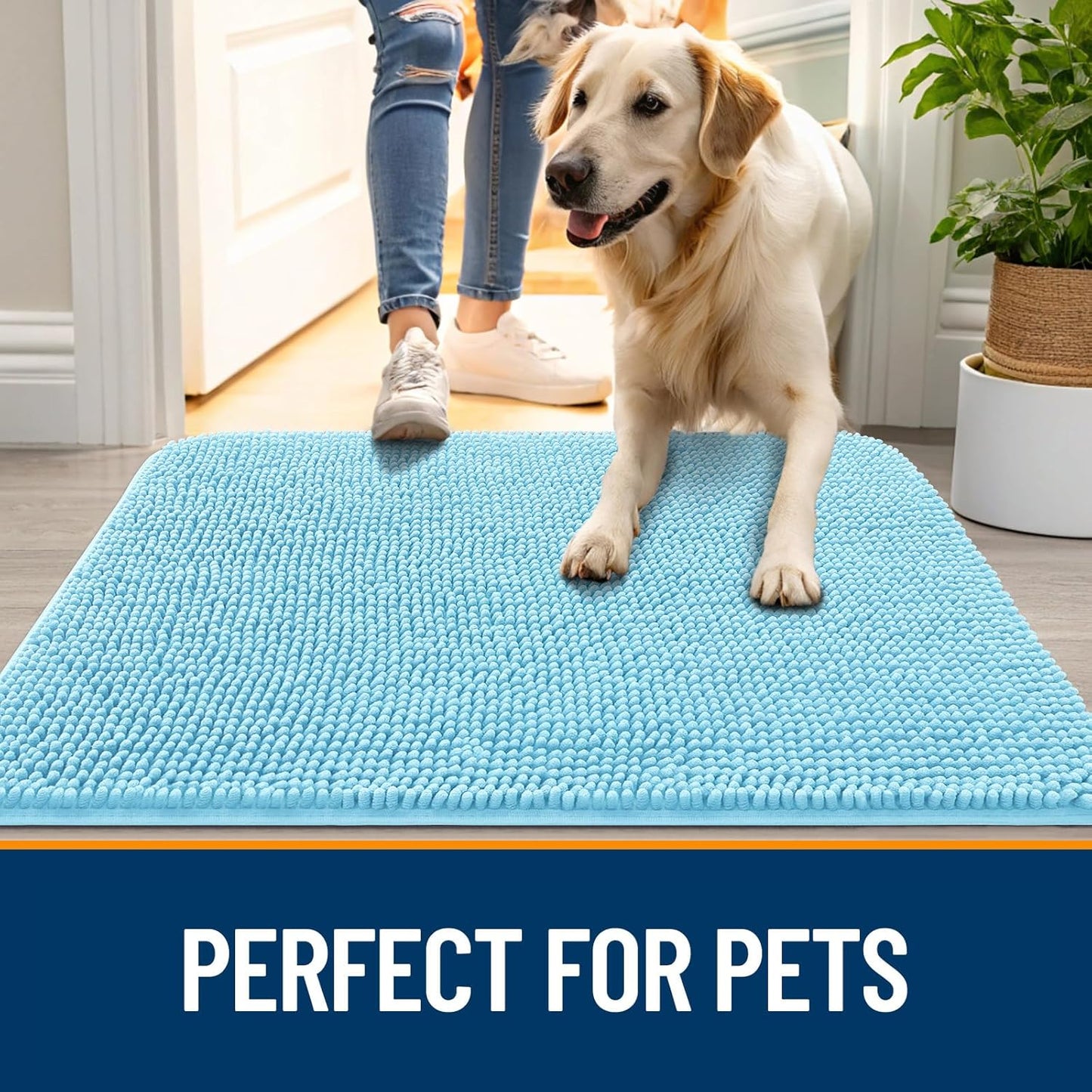 OLANLY Dog Door Mat for Muddy Paws 47x20, Absorbs Moisture and Dirt, Absorbent Non-Slip Washable Doormat, Quick Dry Chenille Mud Mat for Dogs, Entry Indoor Entryway Carpet for Inside Floor, Blue