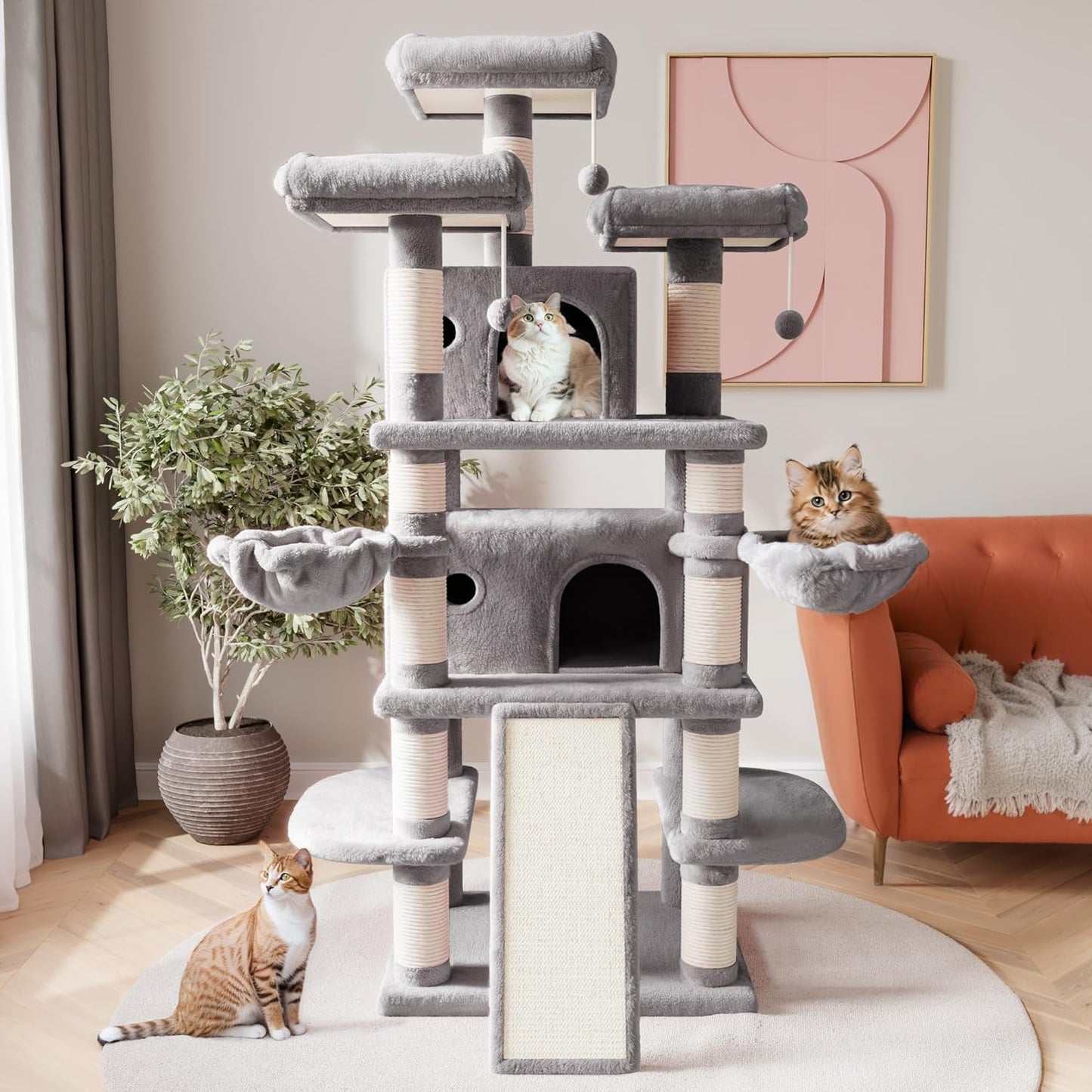 SHA CERLIN 68 Inches Multi-Level Large Cat Tree for Large Kitties/Big Cat Tower with Condo/Cozy Plush ‌Pussycat Perches/Sisal Scratching Posts and Hammocks/Activity Center/Grey