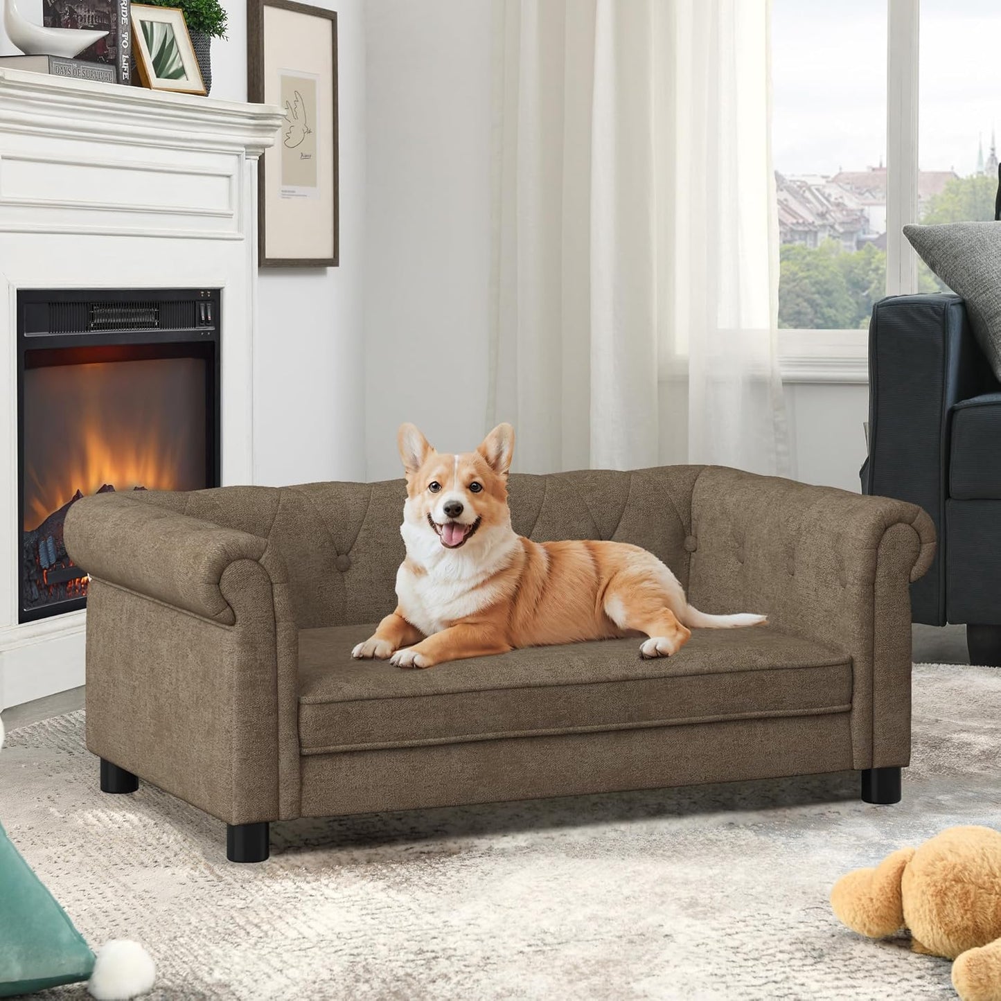 Dog Sofa Couch for Medium to Large Dogs, Memory Foam Pet Sofa Couch with Washable Fabric, Durable Elevated Dog Bed with Legs, Removable Cushion for Medium and Large Dogs, Brown
