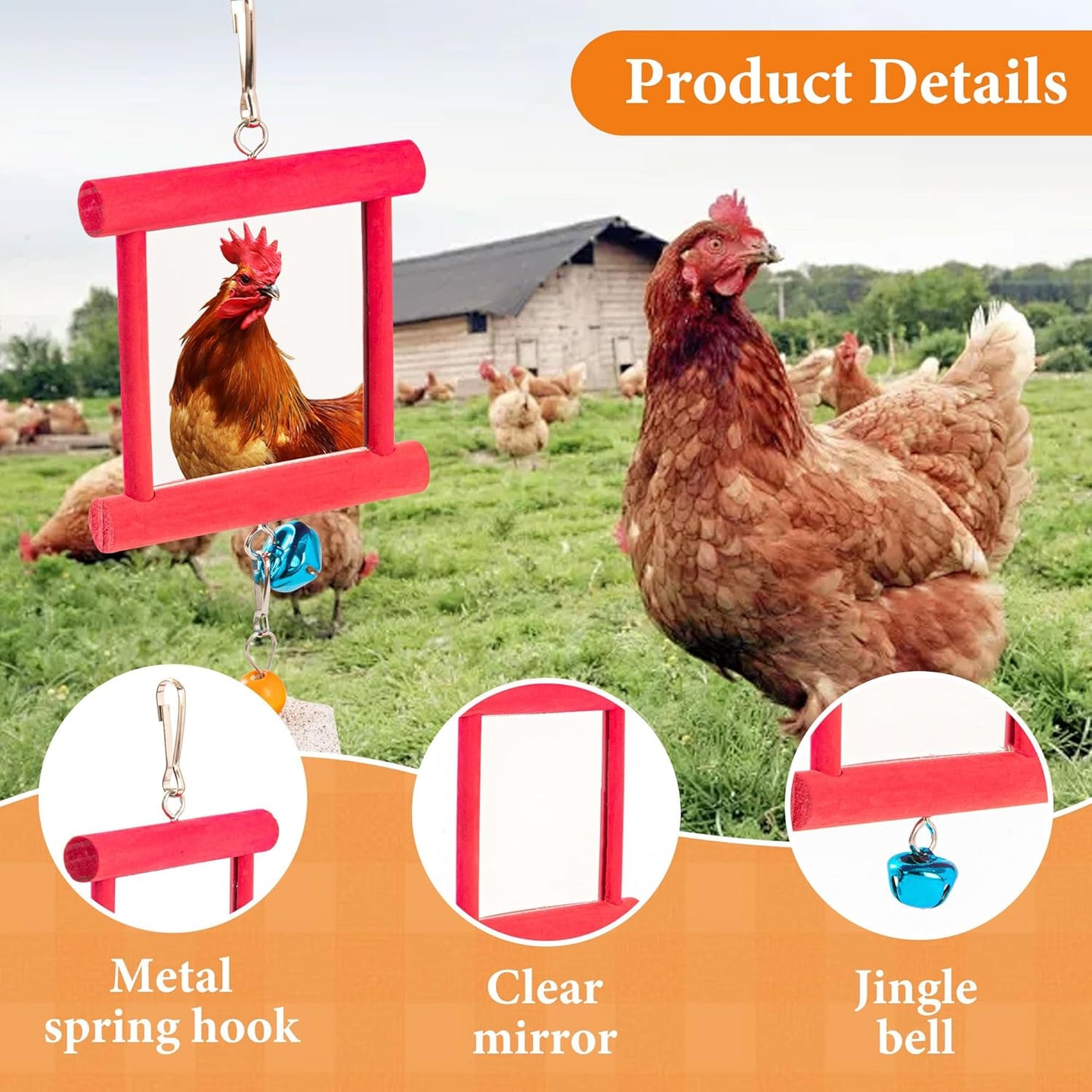6 PCS Chicken Toys for Coop, 2PCS Chicken Mirror Toys 2 PCS Hanging Vegetable Fruits Feeders and 2 PCS Beak Grinding Molar Stones with Bell for Hen Birds Parrots