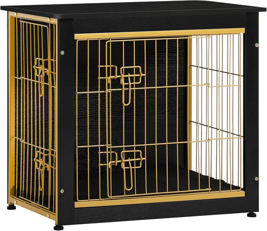 DWANTON Dog Crate Furniture with Cushion, Wooden Kennel Table with Double Doors, Indoor Dog House, Small/Medium/Large Size, 27.2" L, Black+Gold