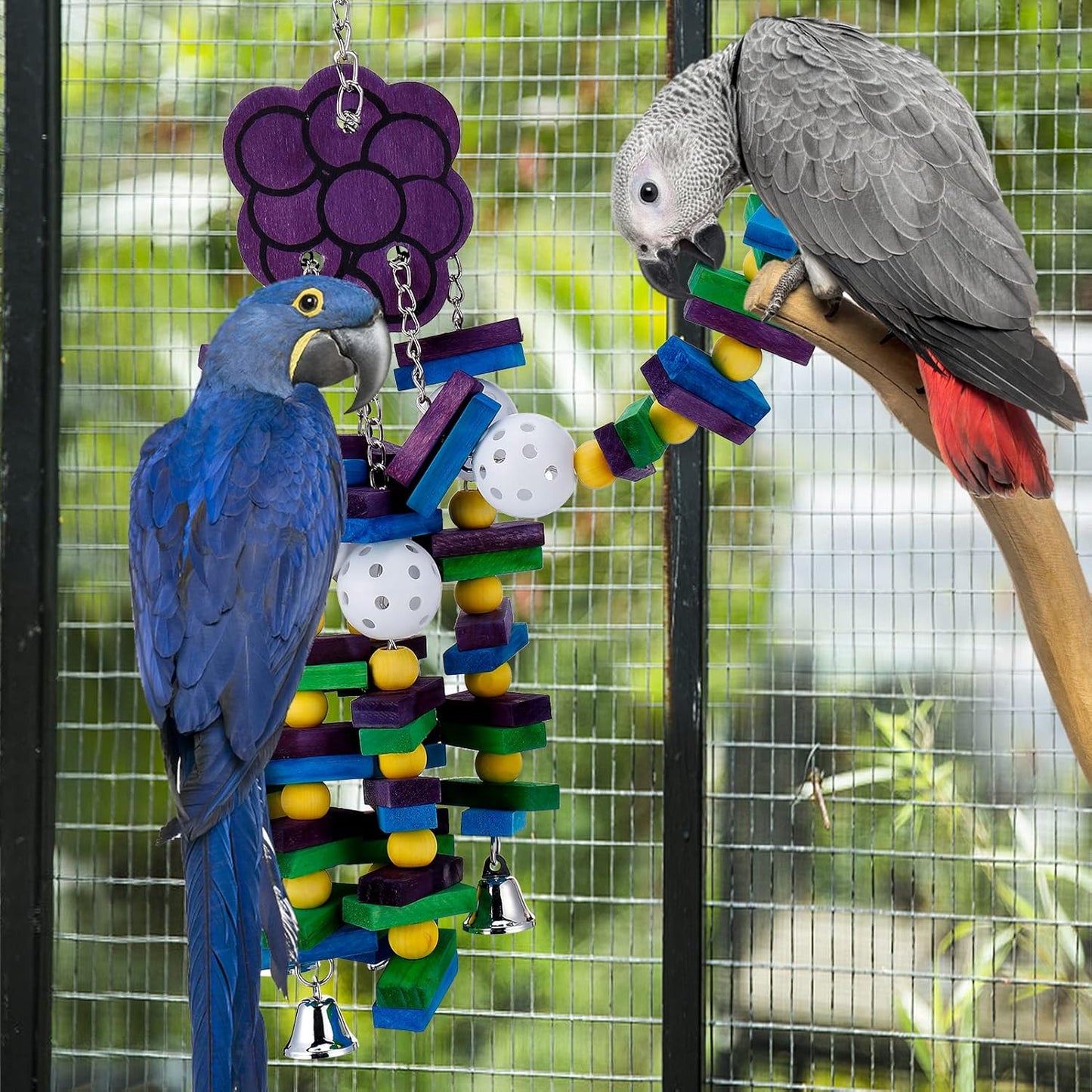 Large Bird Parrot Toys with Bells- Parrots Cage Chewing Toy Gift with Colorful Wood Blocks Beads- Bird Parrot Chewing Sticks Toys for Cockatoos African Grey Macaws and Amazon Parrots(Grape Style)