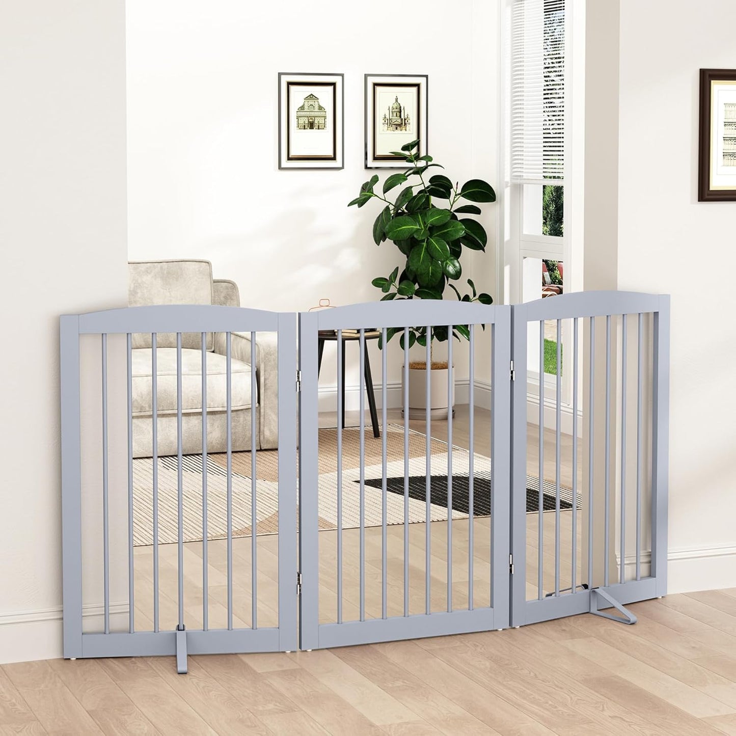 Freestanding Pet Gate for Dogs, Foldable Wooden Dog Gate for House Indoor, Tall Pet Fence for Stair, Doorway,Hall, Support Feet Included, 3 Panels 32",Grey