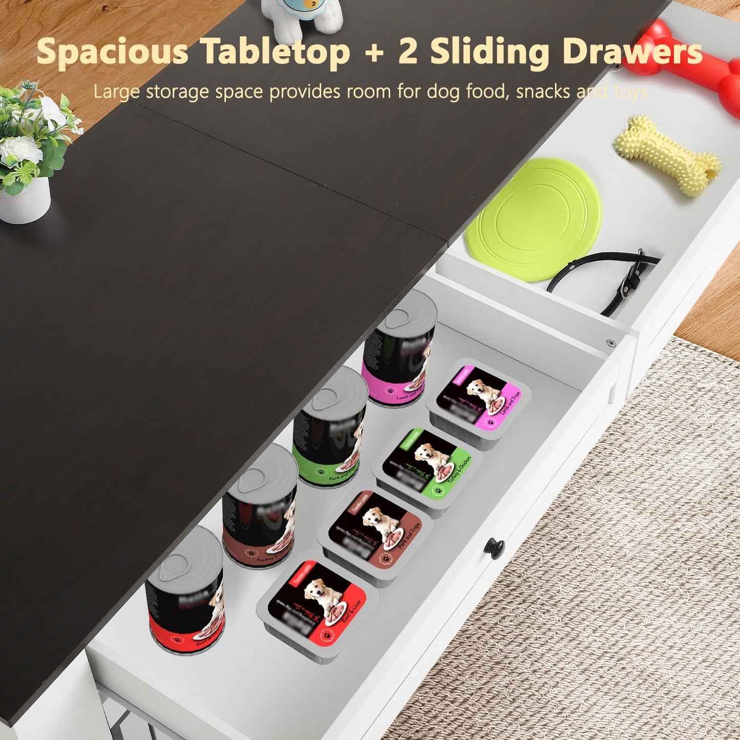 Large Dog Crate Furniture-Decorative Heavy Duty Dog Cage Indoor, Wooden Dog Cage End Table with Charging Station, Dog House with 2 Drawers (White, 70.86''L)