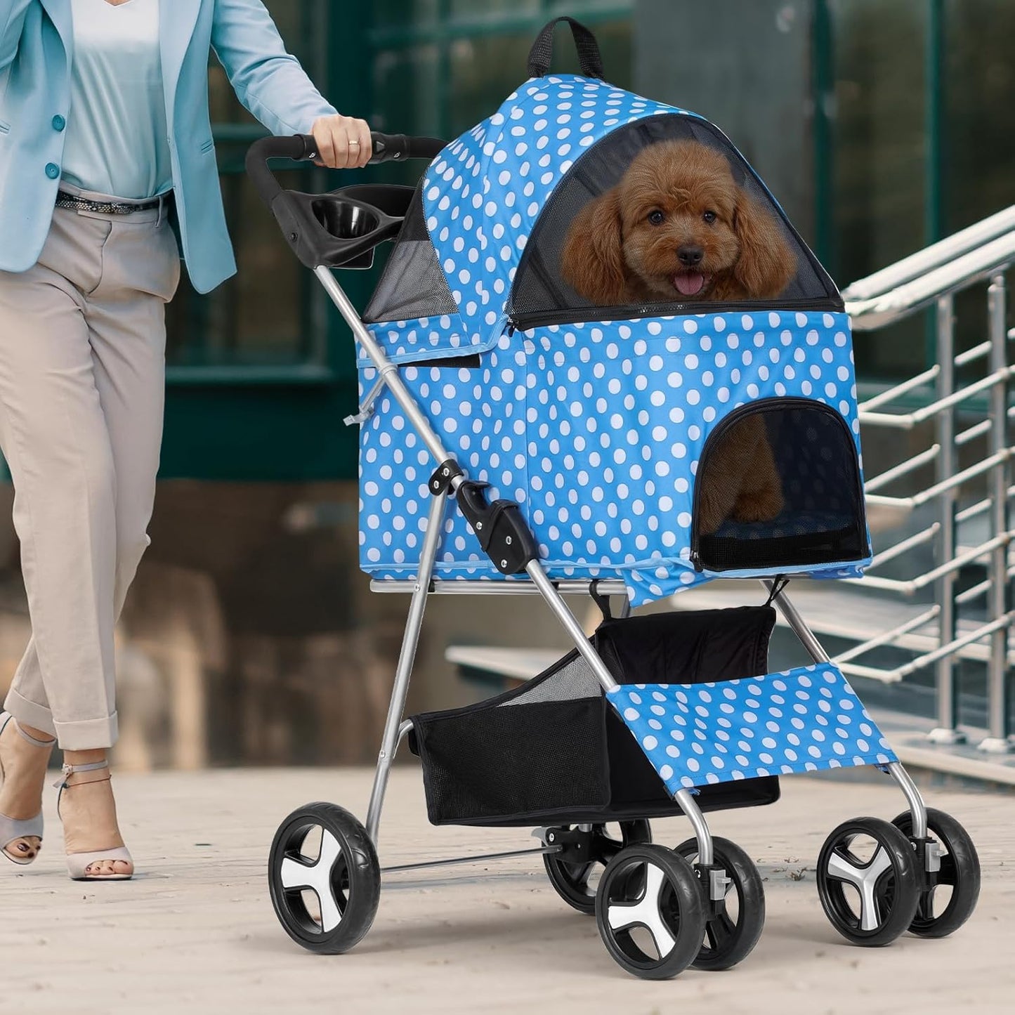 Magshion Foldable Pet Stroller, 3-in-1 Dog Travel Jogger with Detachable Carrier, Cup Holder, Storage Basket, Folding Carrier for Small/Medium Dogs & Cats Up to 33 lbs, Sky Blue Polka Dots