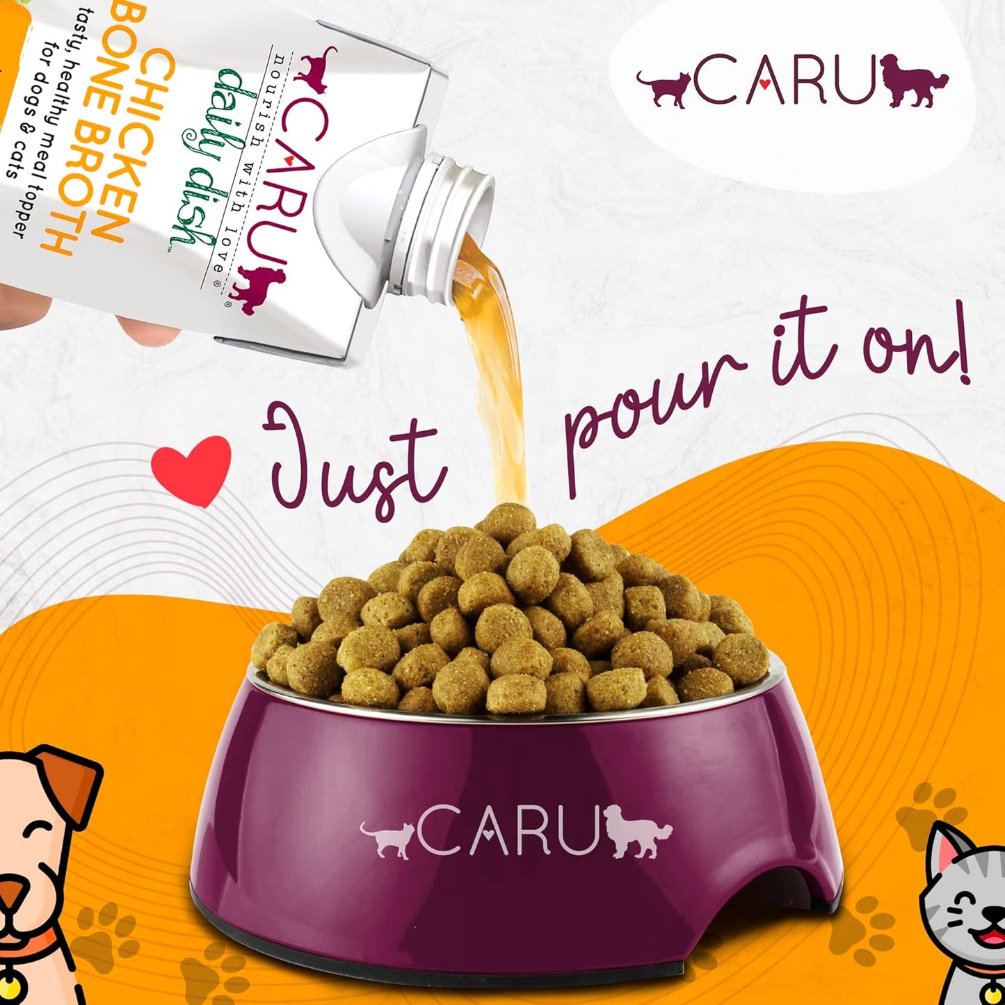 Caru - Daily Dish Chicken Bone Broth Meal Topper for Dogs & Cats - Savory Pour-Over Broth - 3 Pack