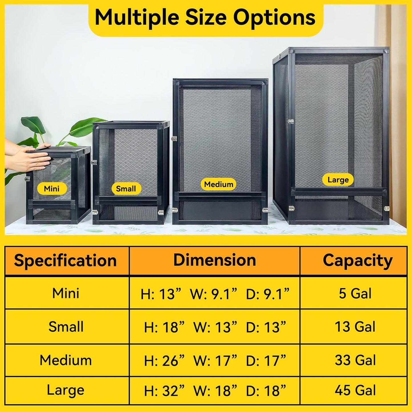 13 Gallon 360° Panoramic Foldable Reptile Terrarium Kit: Crested Gecko Tank and Reptile Cage for Superior Ventilation, Easy Feeding, Sturdiness, and Simple Assembly (Black, 18"x13"x13")
