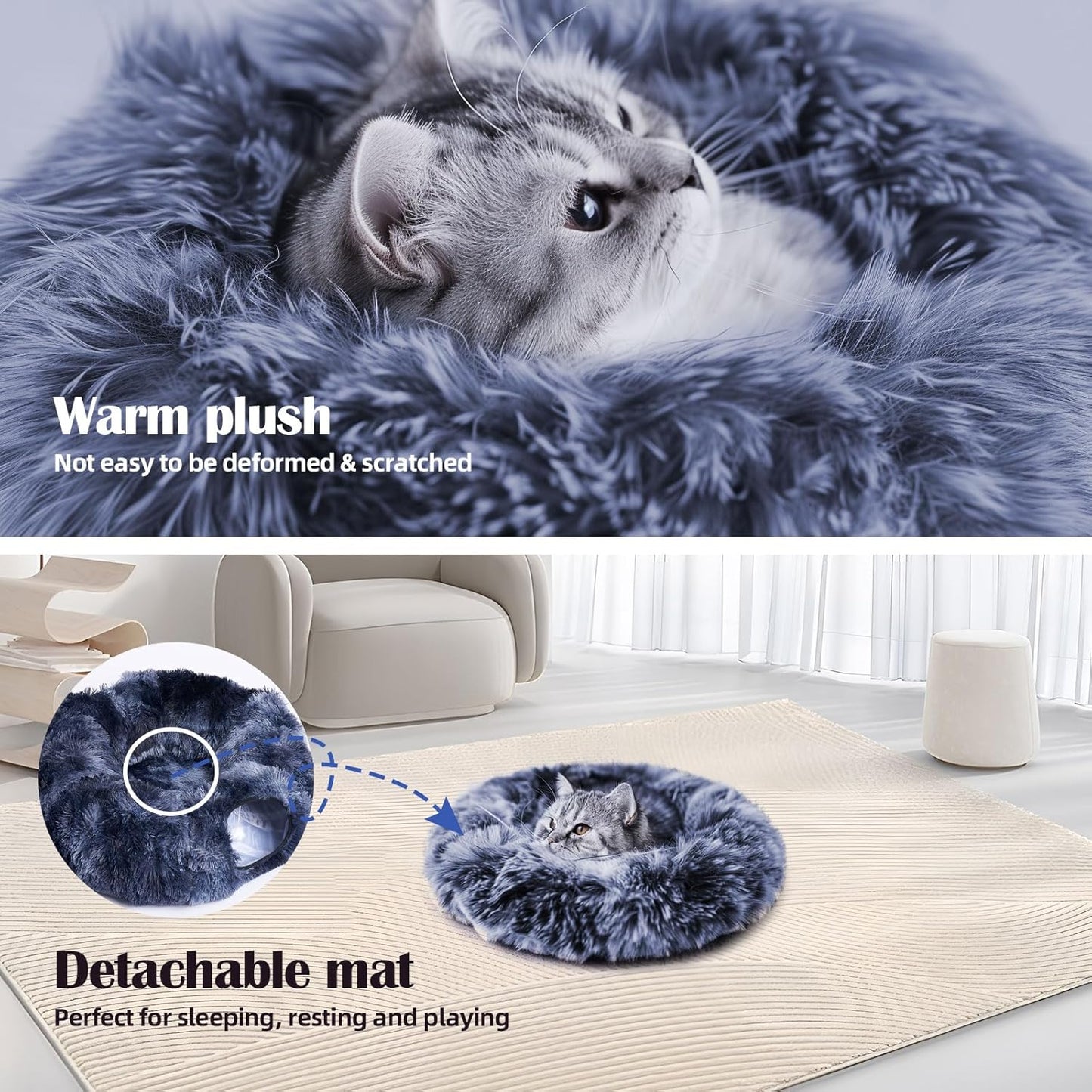 Odoland Cat Tunnels for Indoor Cats with Fluffy Plush Central Cat Couch and 20 Cat Toys, Tunnel Bed for Cats with Hanging Ball, Detachable Soft Mat and Variety Kitty Toy Set, Deep Blue