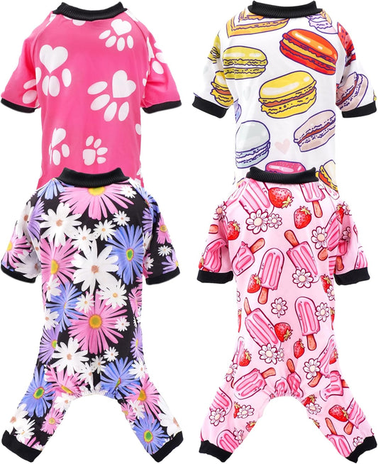 PET SHOW 4 Pack Small Dog Pajamas Girl Doggies Soft Stretchy PJs Paw Floral Jumpsuit Puppy Cats Doughnut Ice Cream Onesies Outfits with Sleeve Pets Breathable Summer Clothes Costume M