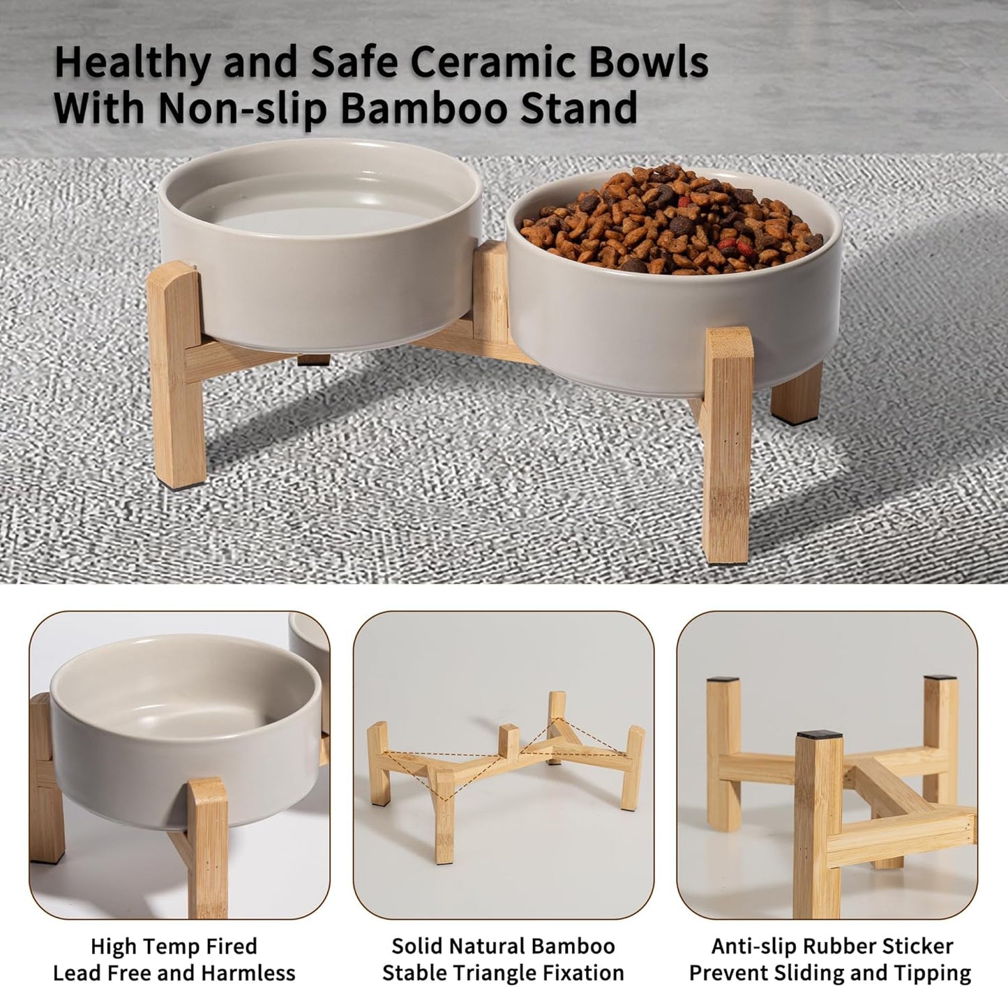 Elevated Ceramic Dog Bowl Set - Raised Feeding Bowls with Non-Slip Bamboo Stand - Small Pet Dishes for Food and Water - Ideal for Cats and Puppies - 16.23 OZ - 2 Cups - 480 ML