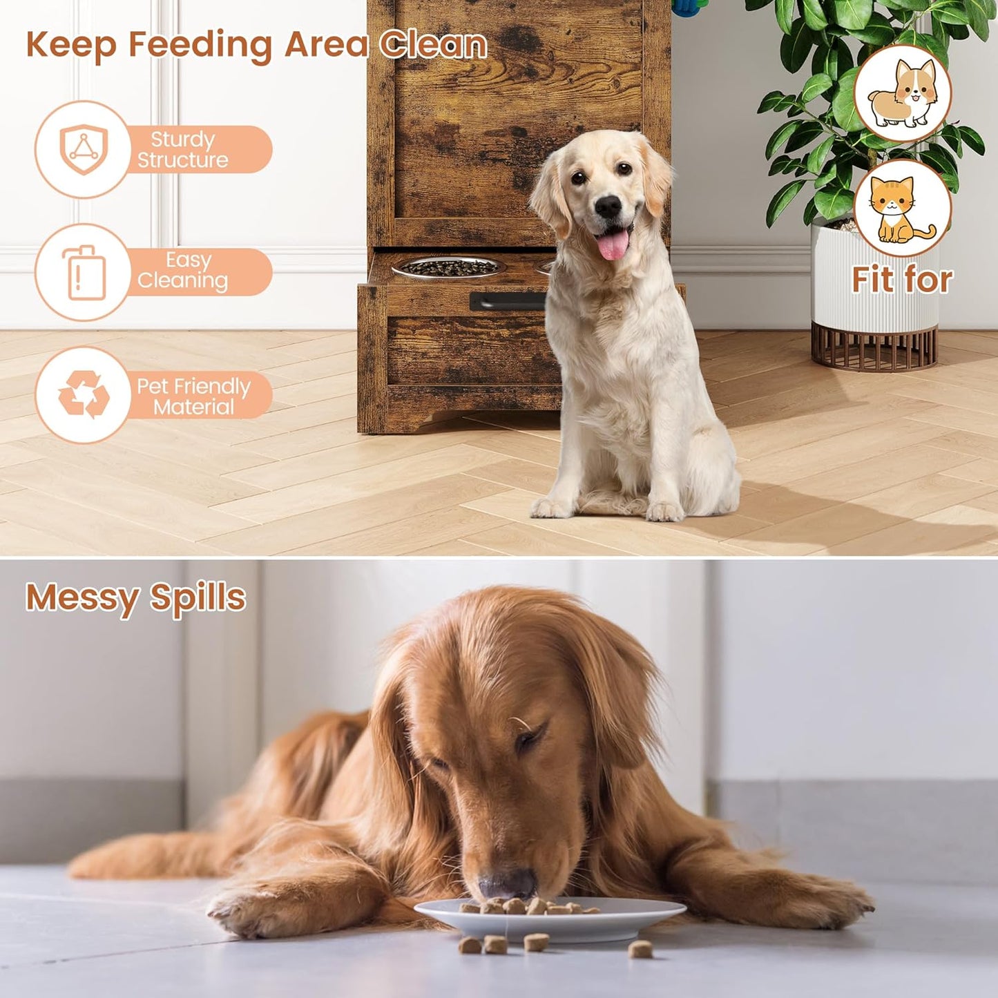 Dog Feeding Station with Storage - Large Capacity Dog Food Storage Cabinet with 2 Removable Stainless Steel Bowls, Flip Top Pet Food Container Toy Storage Organizer - Brown