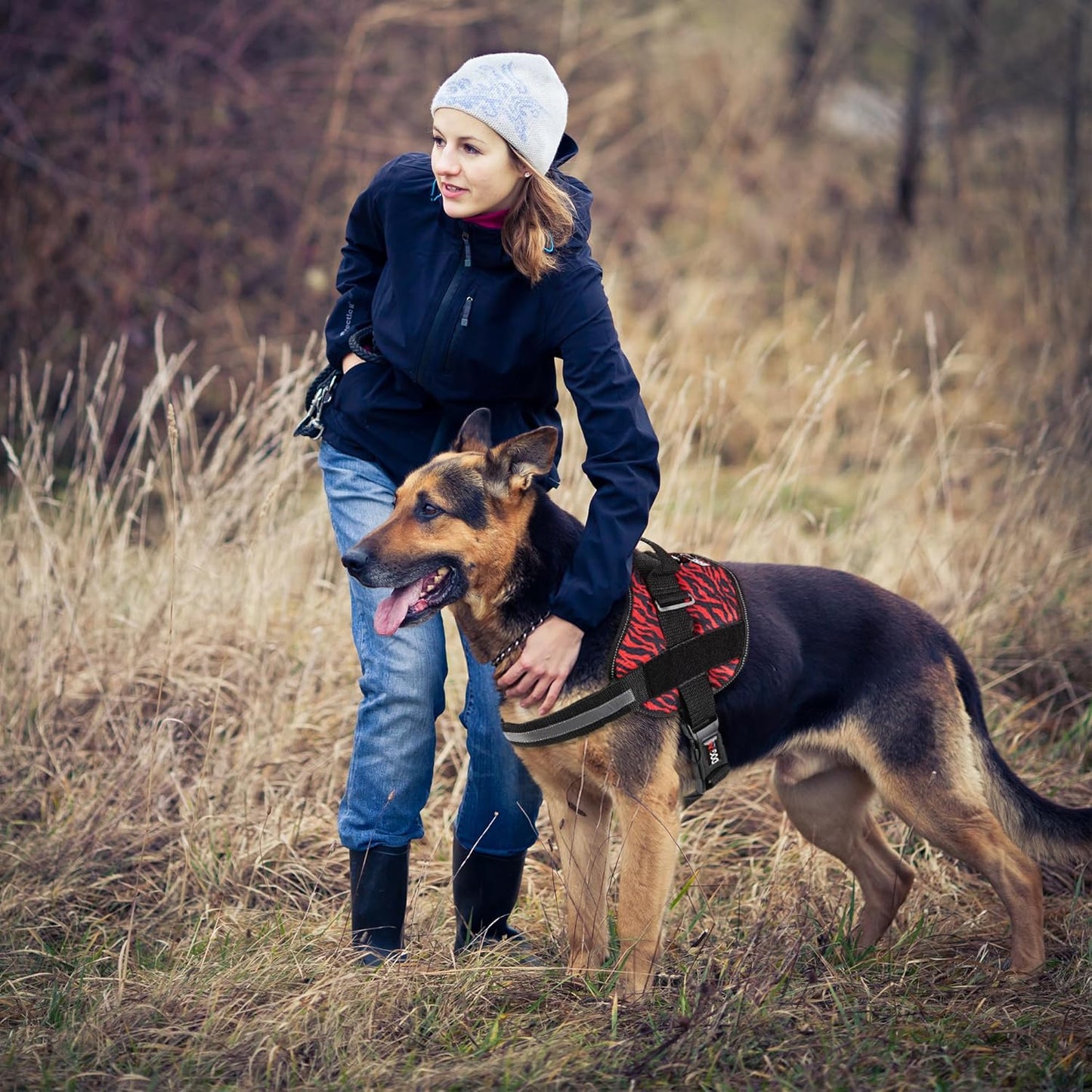 Dogline Dog Harness, Reflective No-Pull Adjustable Vest with Handle for Walking, Training, Breathable, No - Choke Harness for Small, Medium or Large Dogs Room for Patches Zebra Black/Red XS 15"-18"