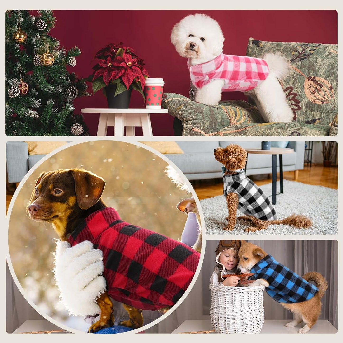Kuoser Dog Fleece Vest,Warm Plaid Dog Sweater with Leash Hole,Soft Turtleneck Winter Pet Jacket Dogs Coat Pullover Clothes for Small Medium Dogs Cats,Spring Fall Cold Weather Christmas Outfit,Pink XS