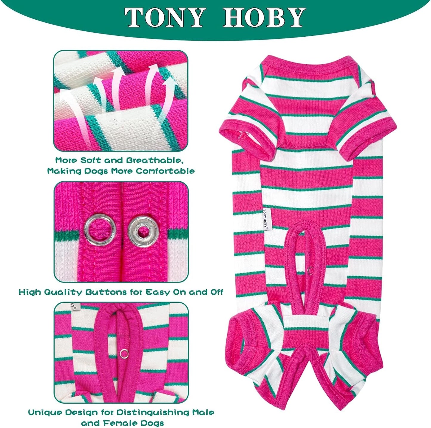 TONY HOBY Male Dog Pajamas, Dog Jumpsuit with Rose Red Stripe, Colorful Dogs Shirt for Small Medium Dogs (Rose Red&White, Boy, L)