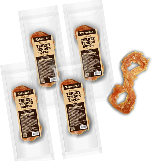 AFreschi Turkey Tendons for Dogs, USA-Sourced, Healthy Dog Treats, Rawhide-Free Puppy Chews, Long Lasting, All Natural, Hypoallergenic Dog Treats for Small Breeds, 4 Count Pack Rope (S)