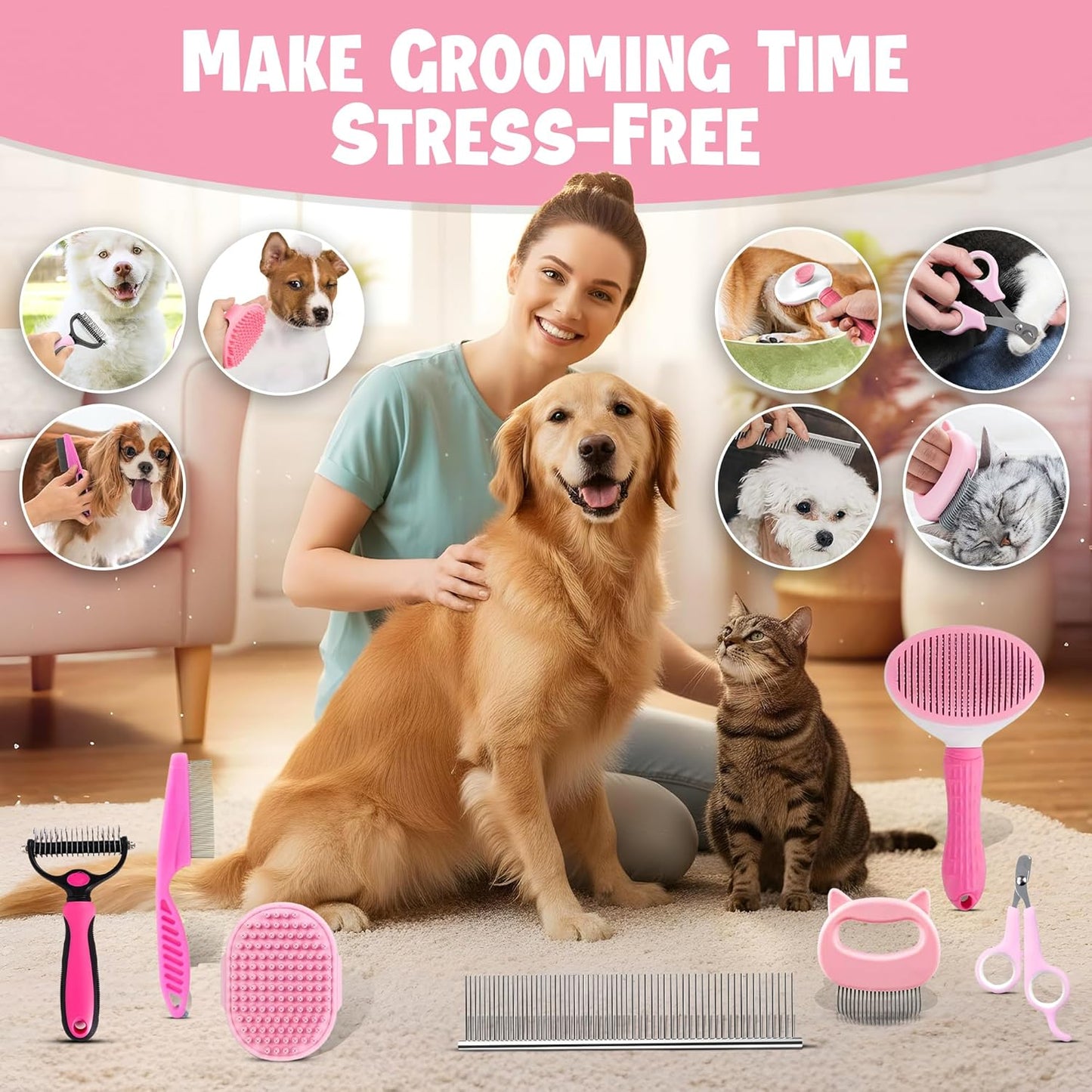 7-in-1 Pet Grooming Kit for Dogs & Cats Deshedding Brush, Bath Brush, Flea Comb, Nail Clipper & Massage Glove Complete Grooming Set for Small & Large Pets