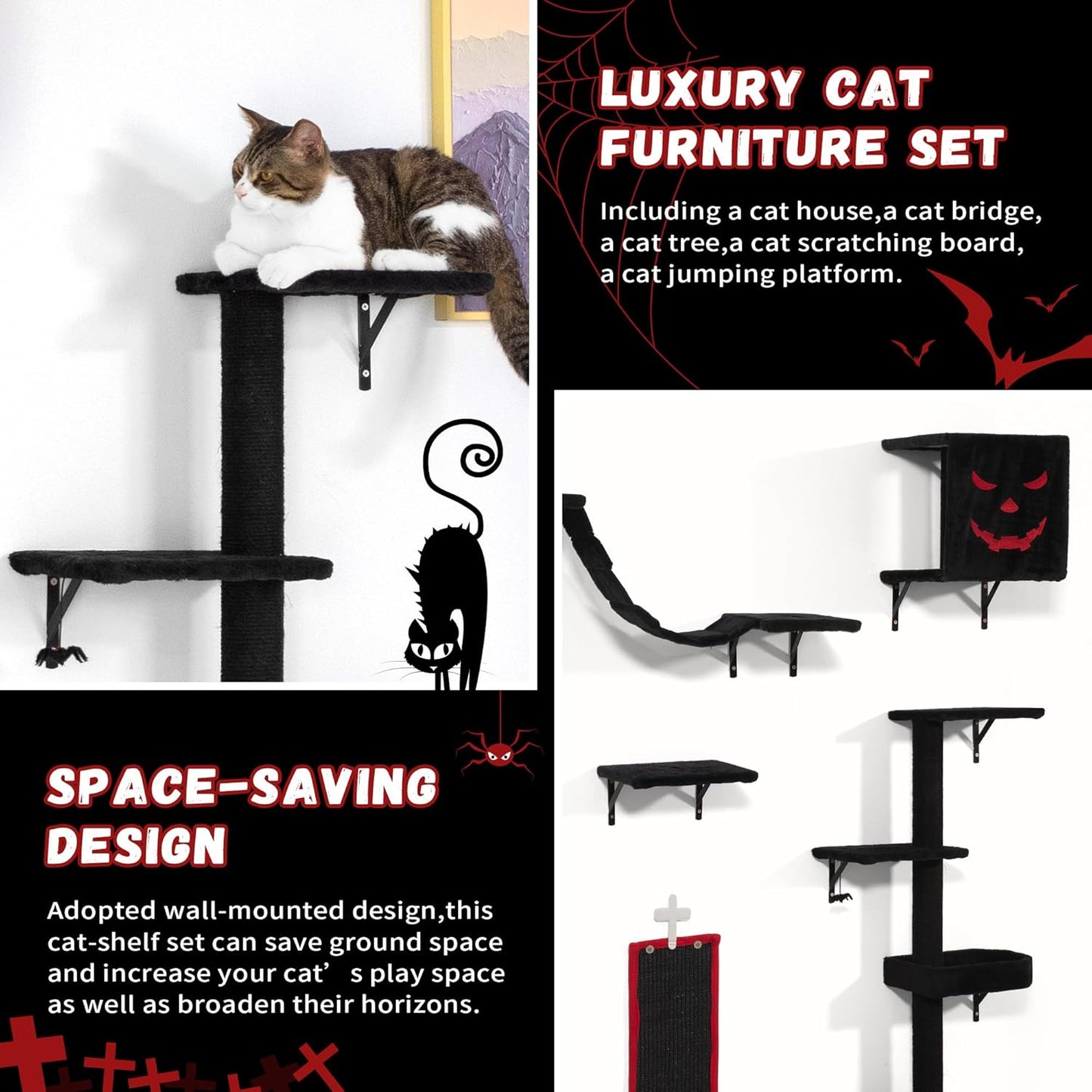 COZIWOW Wall-Mounted Cat Tree | Space-Saving Feline Furniture with Multiple Levels | Durable Scratch Post for Indoor Cats, Black&Red