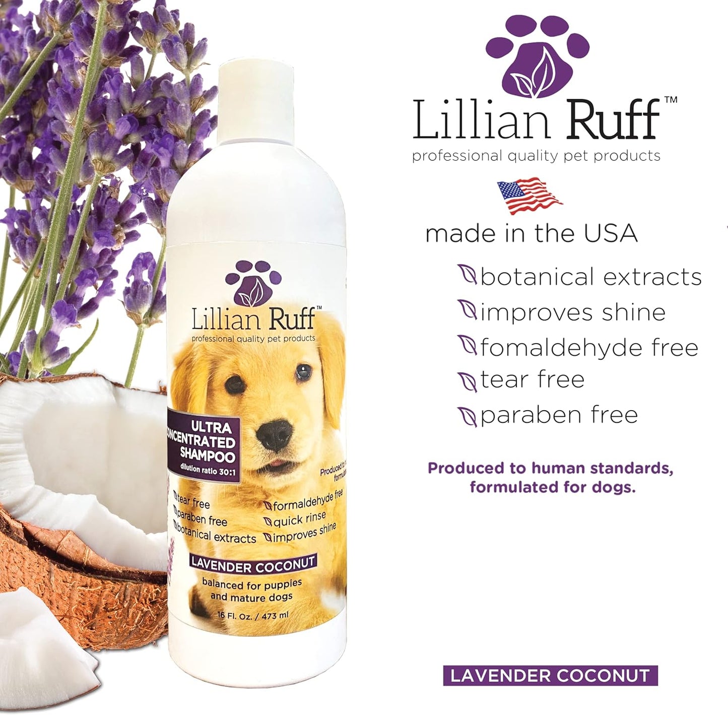 Lillian Ruff High Concentrate Professional Grooming Shampoo for Dogs with Hydrating Essential Oils – 30:1 Concentration for Bathing System - Clean, Condition, & Deodorize Dry, Sensitive Skin (16oz)