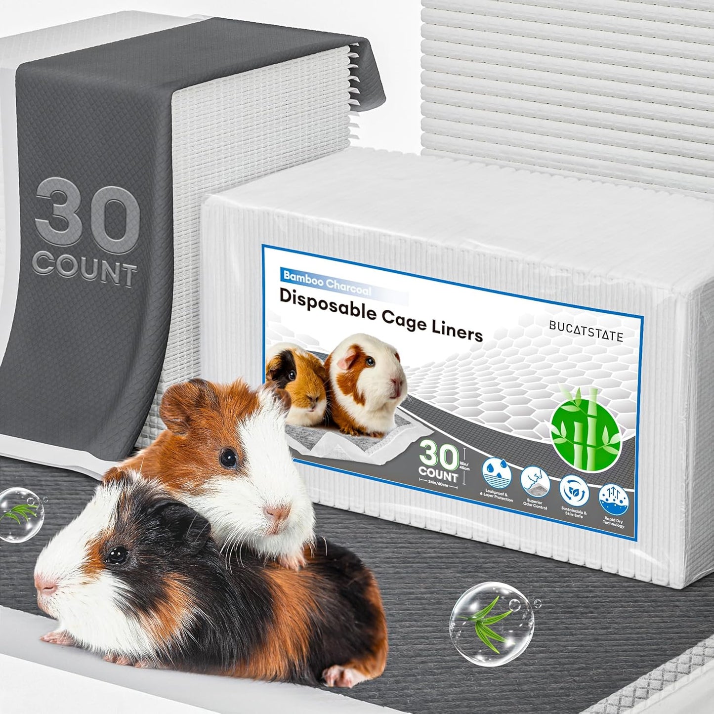 BUCATSTATE Disposable Guinea Pig Cage Liners 30 Count, Super Absorbent Guinea Pig Bedding, Bamboo Charcoal Odor Control Pee Pads for Rabbits, Ferrets and Birds (18''x24'')