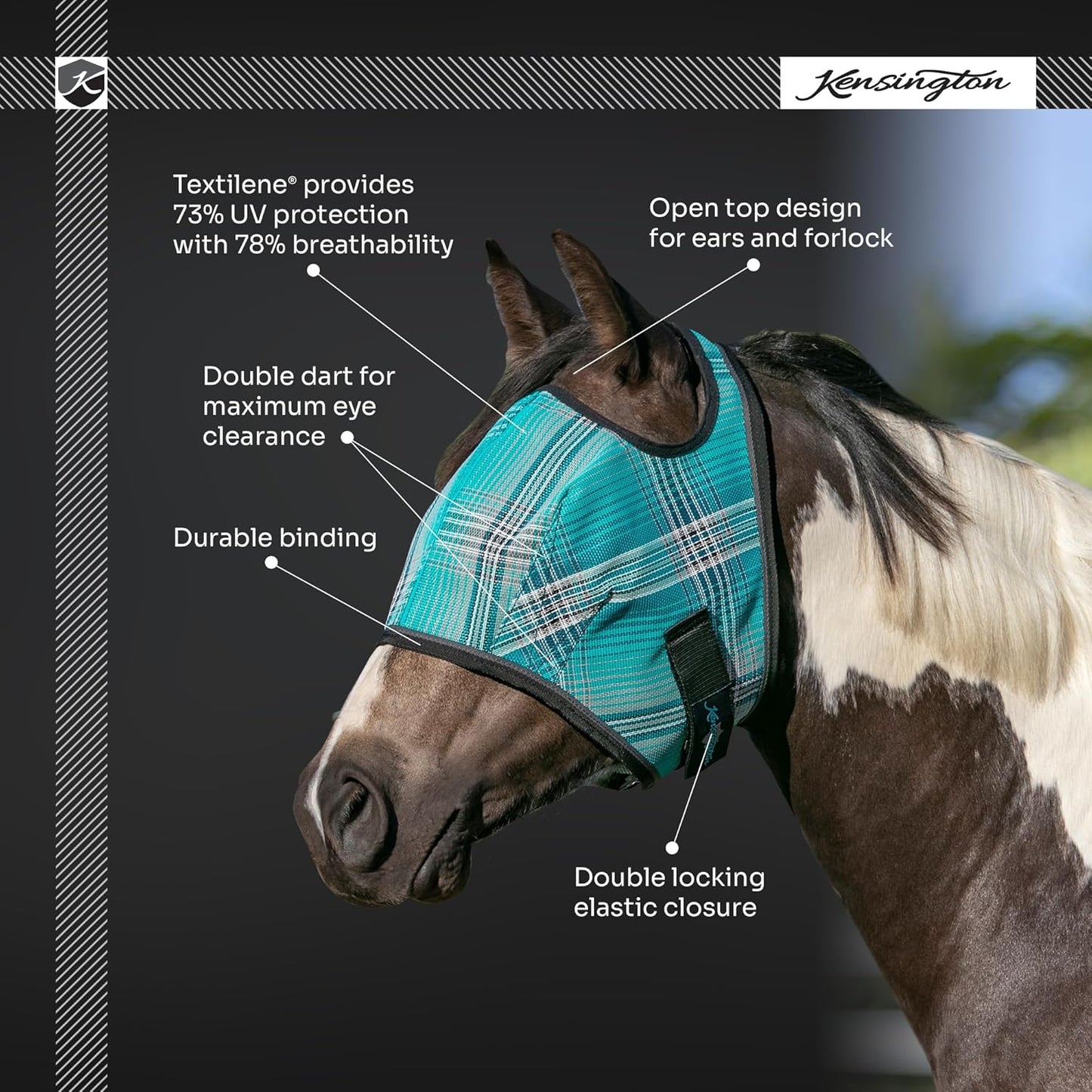 Kensington Fly Mask Web Trim Protects Horses Face and Eyes from Bites and Sun Rays While Allowing Full Visibility Ears and Forelock Able to Come Through The Mask, XXL-Draft, Atlantis