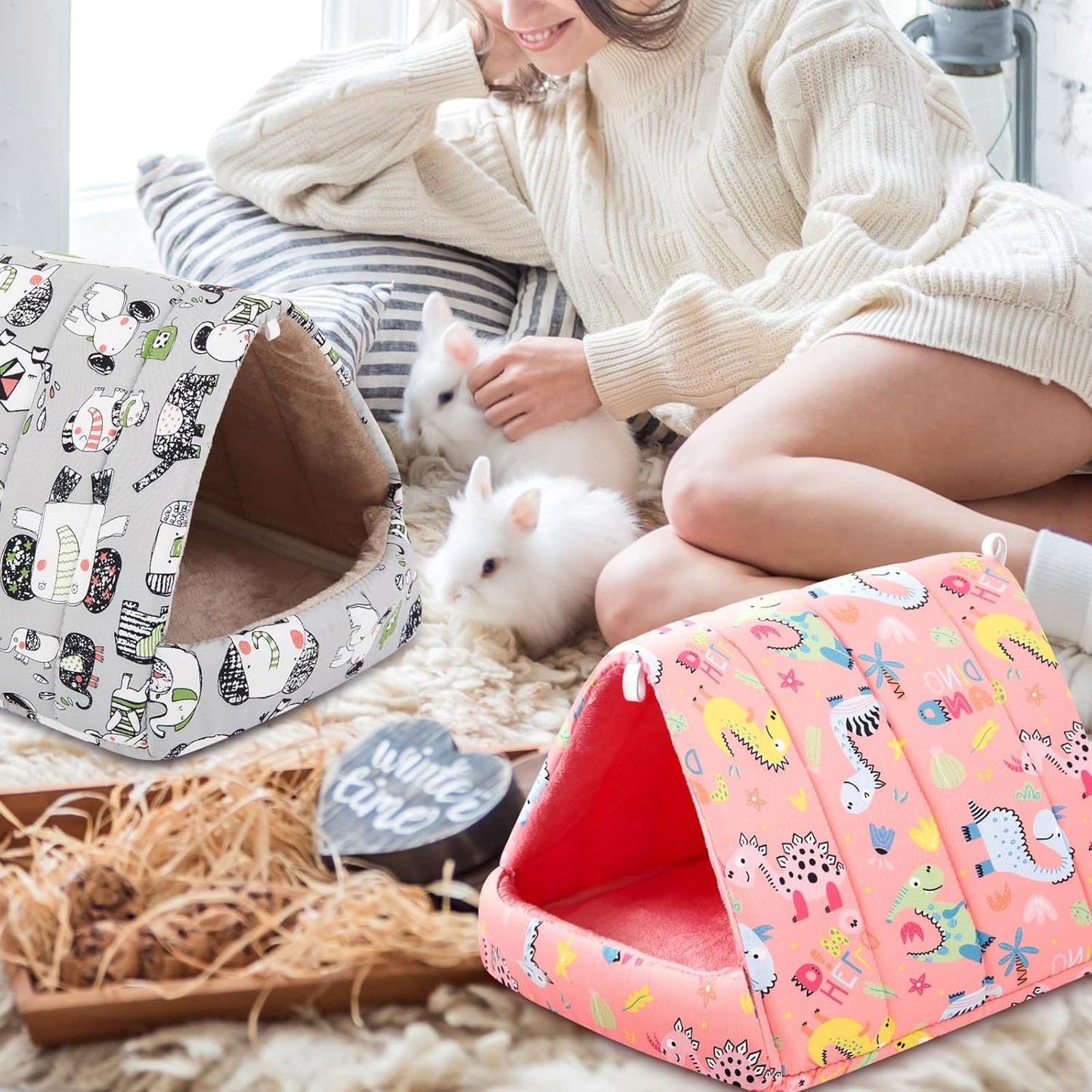 4 Pcs Guinea Pig Hideout, Guinea Pig Bed Tunnel, Rabbit Washable Small House Cage Accessories for Bunny Hedgehog Mouse Chinchillas Hamsters Ferrets Bearded Dragons Rats(Wonder Tale,9.8 in)