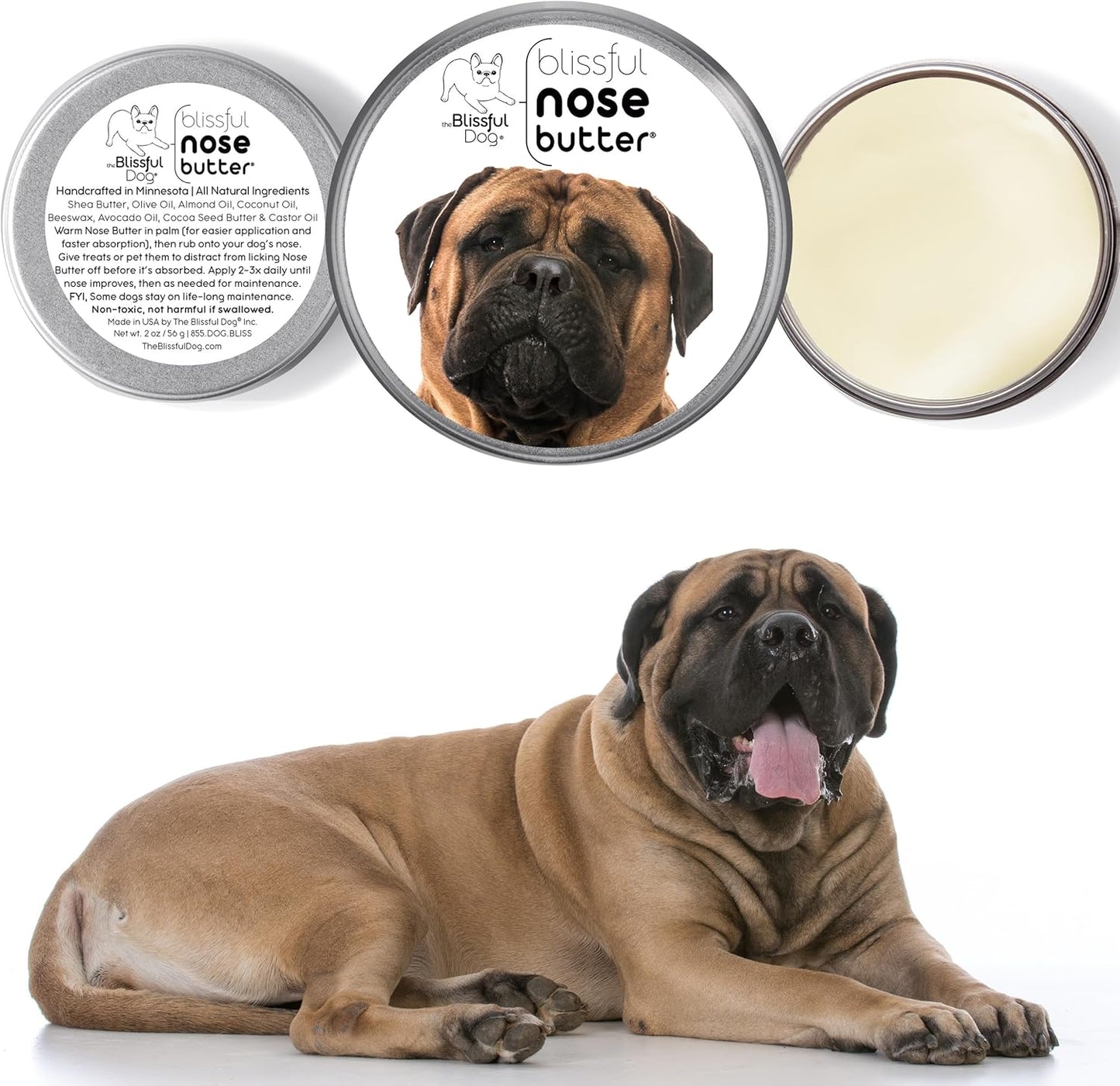 The Blissful Dog Bullmastiff Nose Butter for Dry, Cracked Skin, Lick-Safe Dog Nose Balm with Moisturizing Shea Butter, Almond, Olive, and Essential Oils, Pet Supplies, Uncented, 4 oz.