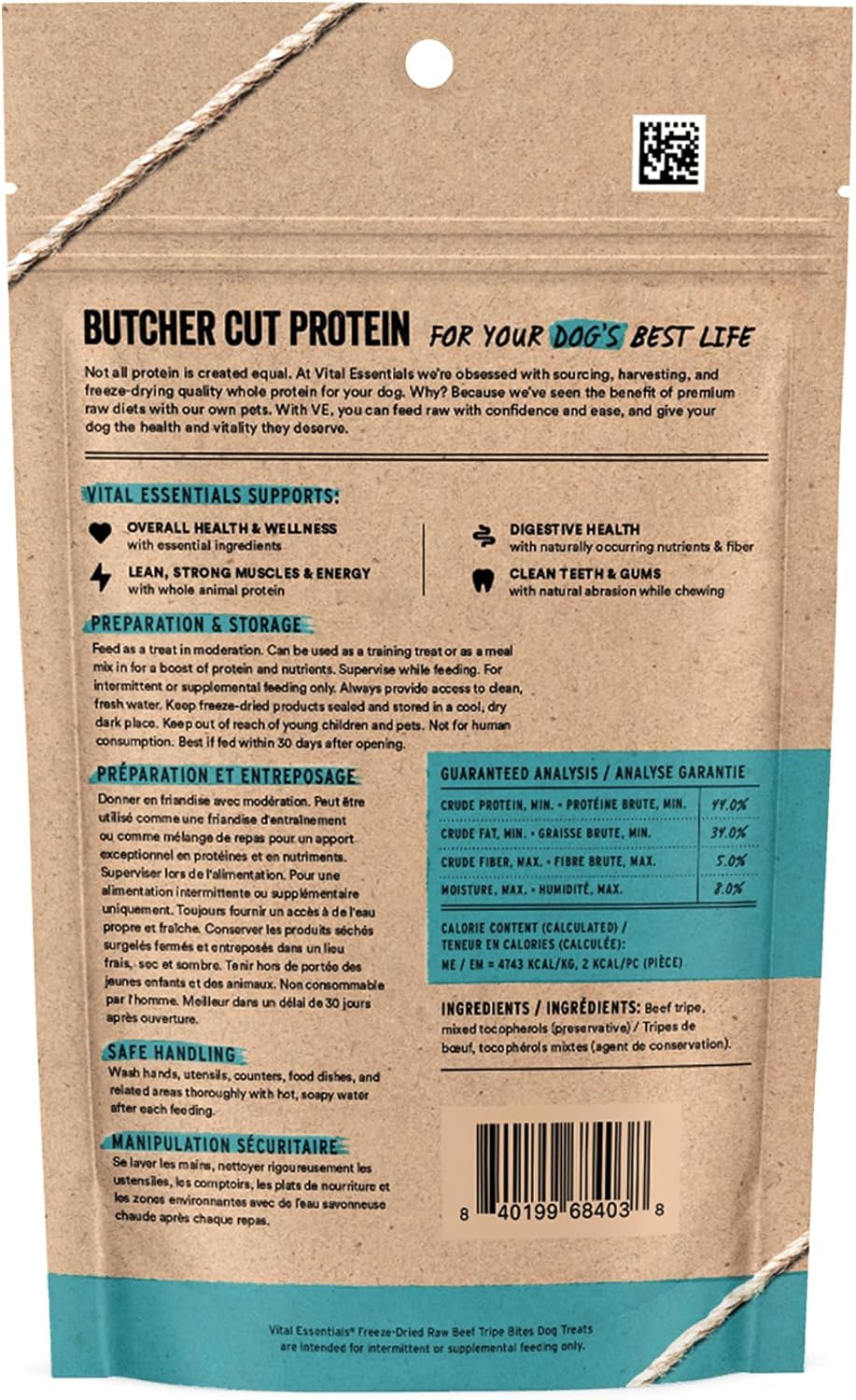 Vital Essentials Beef Tripe Bites Dog Treats, 2.3 oz | Freeze-Dried Raw | Single Protein | Premium Quality High Protein Training Treats | Grain Free, Gluten Free, Filler Free