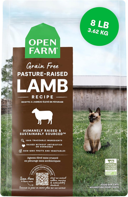 Open Farm, Grain Free Dry Cat Food, High-Protein Kibble for a Complete & Balanced Diet, Non-GMO Fruits & Vegetables, Prebiotic Fibers to Support Digestion, Pasture-Raised Lamb Recipe, 8lb Bag