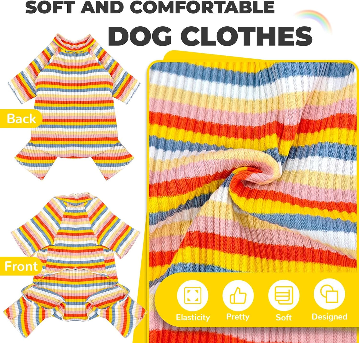BAEJMJK Striped Dog Pajamas Stretchy Cute Four-Legged Boy Girl Dog Clothes with Sleeves Comfortable Dogs Jumpsuit Colorful Pet Puppy Outfits Apparel for Small Medium Dogs Cats(Yellow,X-Small)