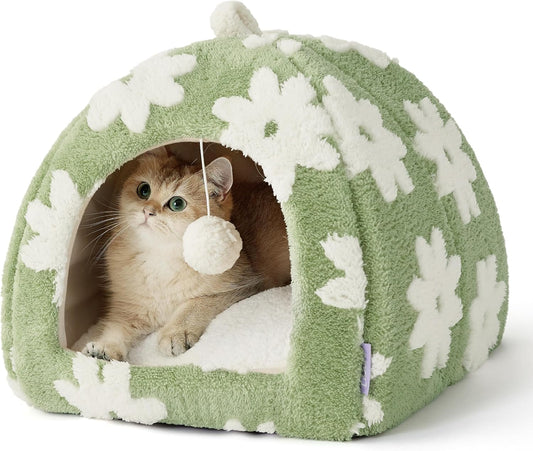 Lesure Cute Cat Beds for Indoor Cats - 2 in 1 Cat Cave Bed for Kittens and Small Pets with Removable Washable Cushioned Pillow, Cozy Ktten Tent with Non-Slip Bottom, Green, 16 inches