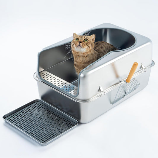 Cattasaurus 100% Stainless Steel Litter Box Enclosure for Large Cats 30+ lbs, Odor-Free & Easy to Clean, Multi Cat Litter Box with Cover, Long-Lasting XL Metal Litter Box with High Side, Scoop & Pedal