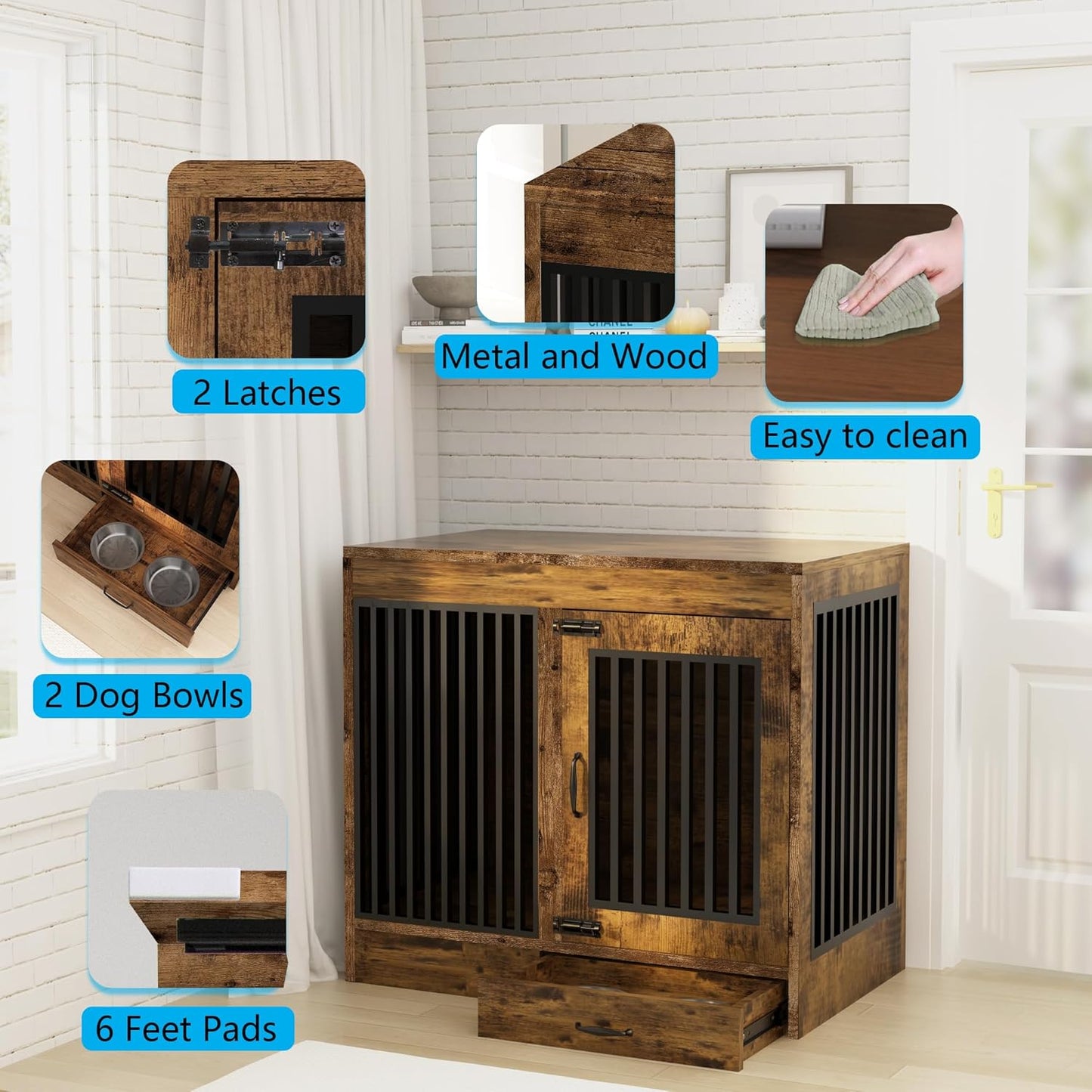 Rustic Brown Heavy Duty Furniture Dog Crate, Wood and Metal Kennel Cage, Pet House End Table with Drawer and Pull-Out Design, Dog Home for Indoor use, Large Size