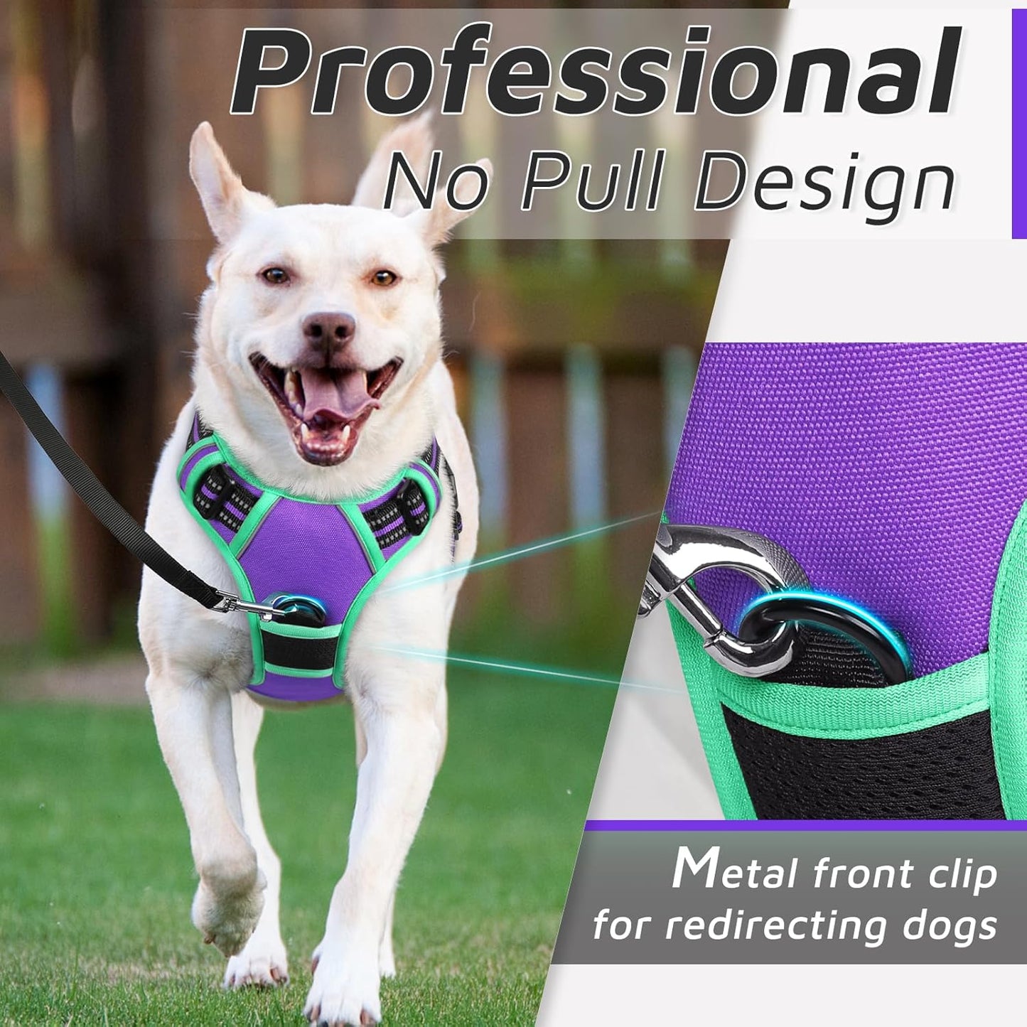 Eagloo Dog Harness for Large Dogs, No Pull Service Vest with Reflective Strips and Control Handle, Adjustable and Comfortable for Walking, No Choke Pet Harness with 2 Metal Rings, Purple & Green, L