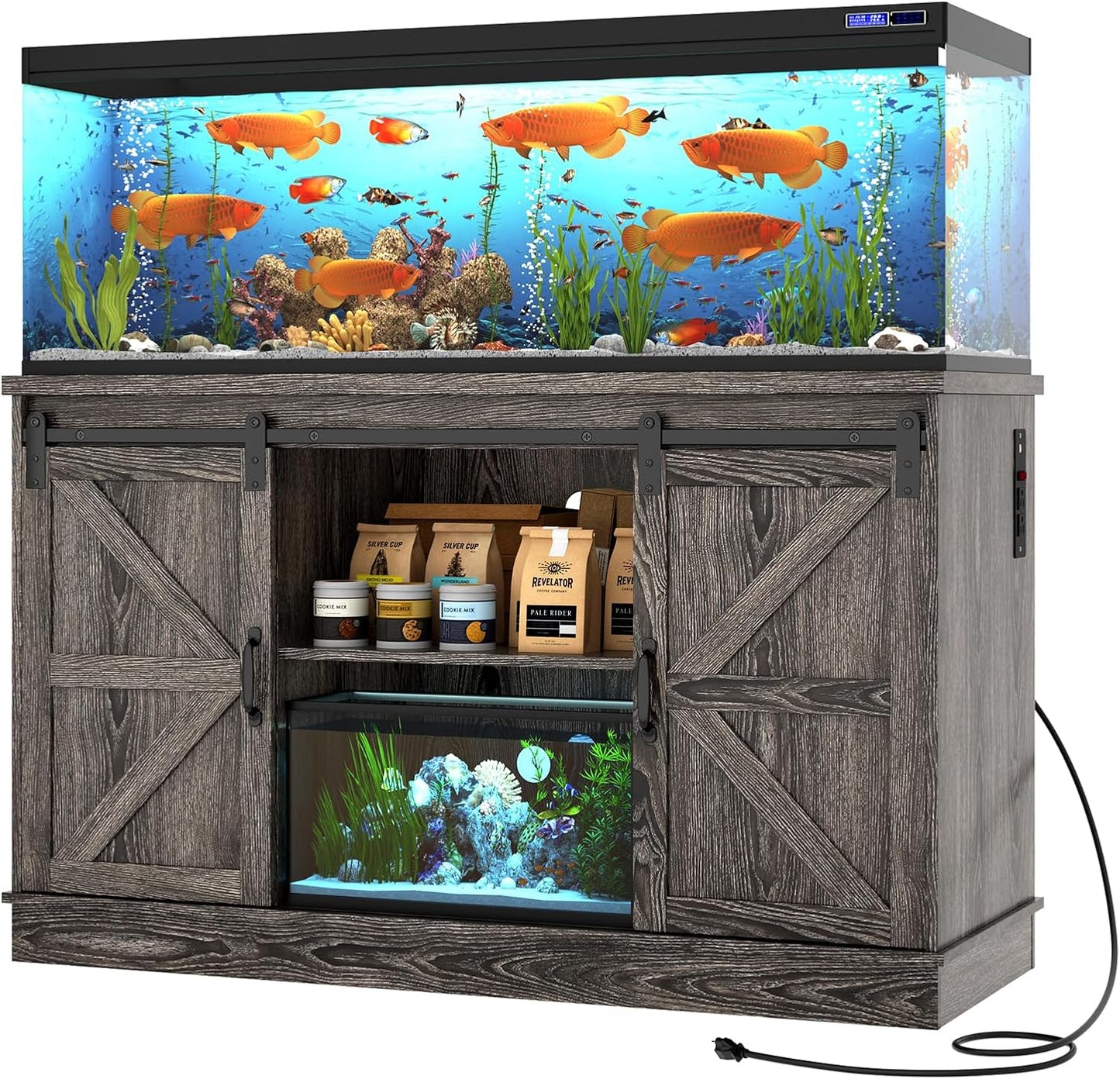 Farmhouse 55-75 Gallon Fish Tank Stand with Power Outlet, Aquarium Stand with Cabinet&Sliding Barn Door, Heavy Duty Reptile Tank Stand for 2 Fish Tank/Turtle Tank/Reptile Terrarium, Grey