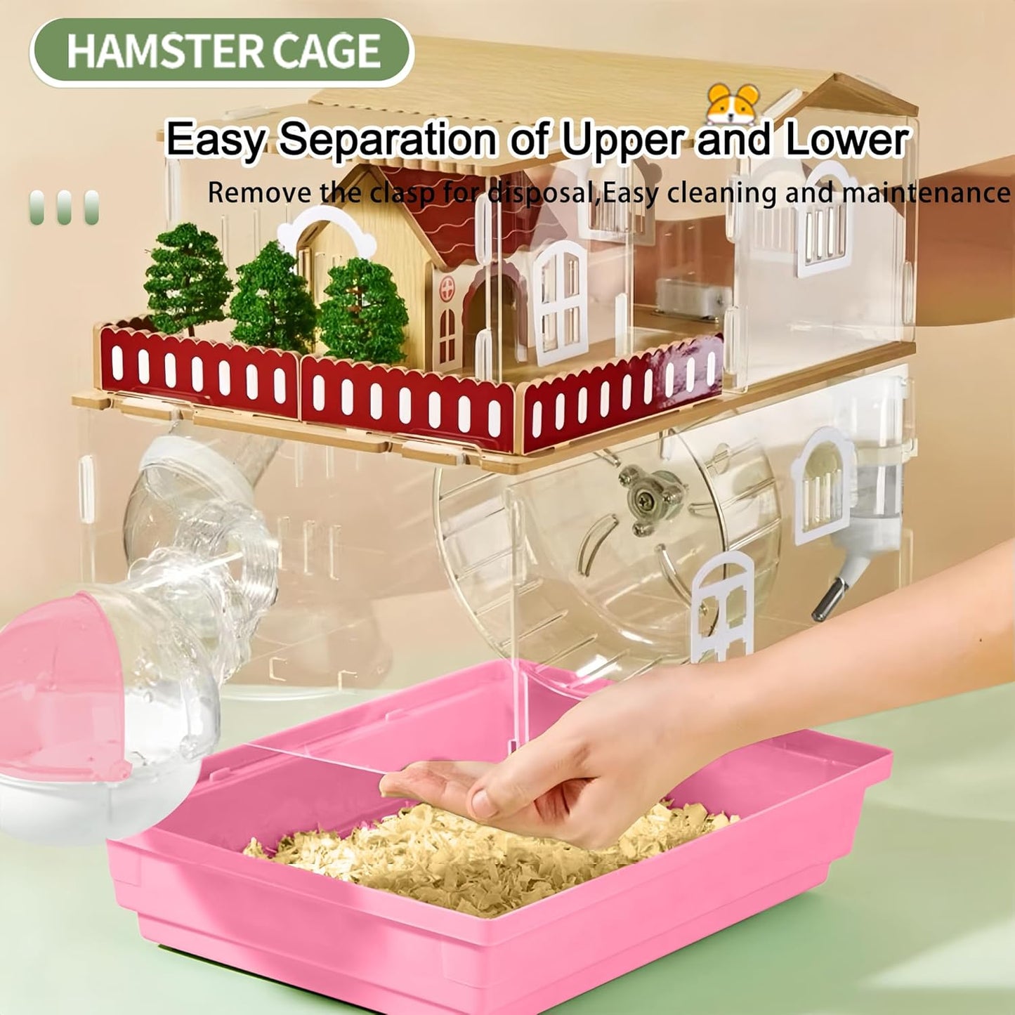 12 in 1 Clear Acrylic Hamster Cage with All Accessories,13.5''L*10''W*15''H Dwarf Hamster Cage,Magnetic Connection Small Hamster Enclosure,Wooden Mouse Cage for Pet Mice(2-Layer,Pink) Install Required