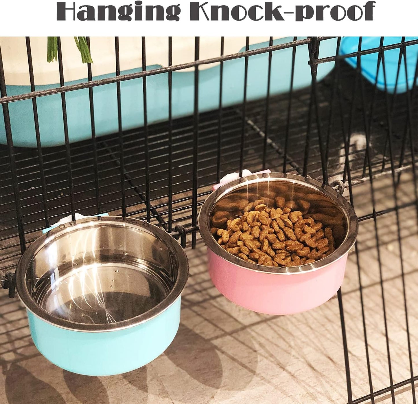 HERCOCCI Dog Crate Bowl, Removable Stainless Steel Pet Kennel Cage Hanging Food Bowls and Water Feeder Coop Cup Prevent Overflow for Puppy, Medium Dog, Cat, Rabbit, Ferret (2PCS)