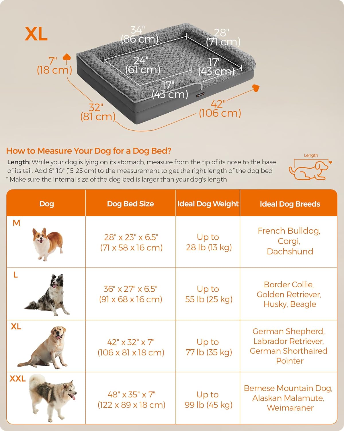 Feandrea Orthopaedic Dog Bed for Large Dogs, Waterproof Dog Sofa Bed with Removable Washable Cover, 42 x 32 x 7 Inches, Slate Gray UPGW253G02