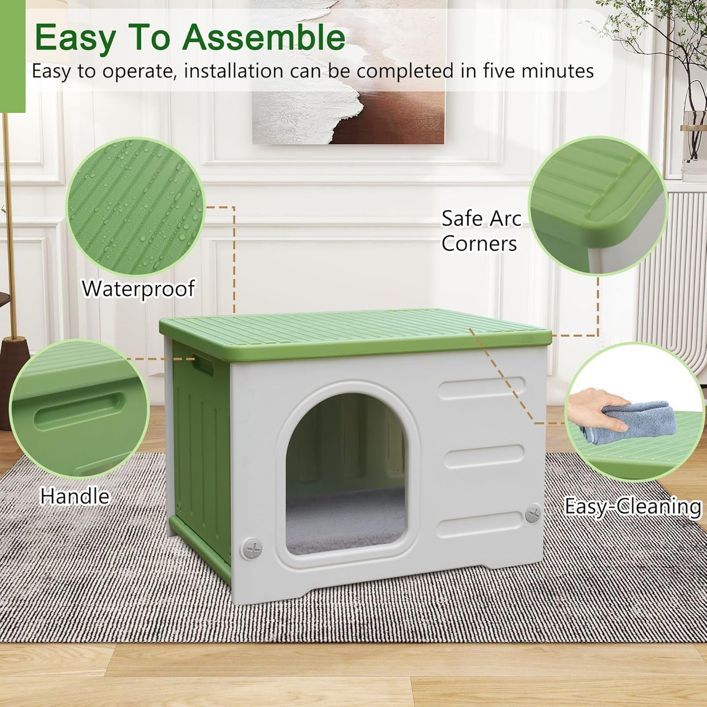 Rockever Plastic Cat House Outdoor with Escape Door, Waterproof Feral Cat House Outdoor Indoor, Sturdy Cat House for Outdoor Cats with Cat Bed Mat, Assemble Easily-Green