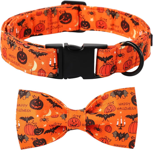 Lionet Paws Fall Halloween Dog Collar, Cute Bat Pumpkin Dog Collar for Large Dogs, Adjustable Cotton Orange Pet Collars for Large Dogs