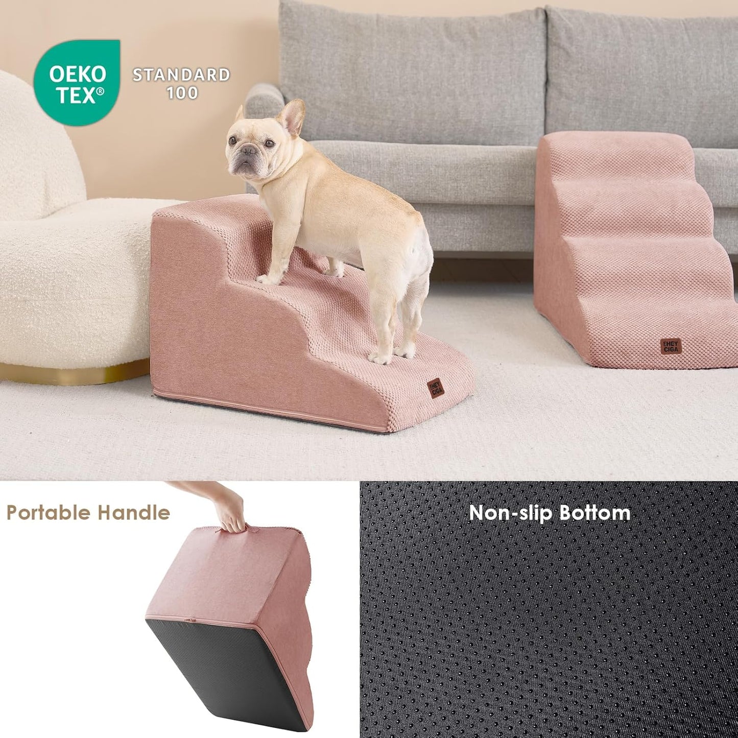 EHEYCIGA Curved Dog Stairs Ramp for Small Dogs 15.7" H, 3-Step Dog Steps for Couch Sofa and Chair, Pet Stairs for Cats, Non-Slip Balanced Pet Steps Indoor, Dusty Pink