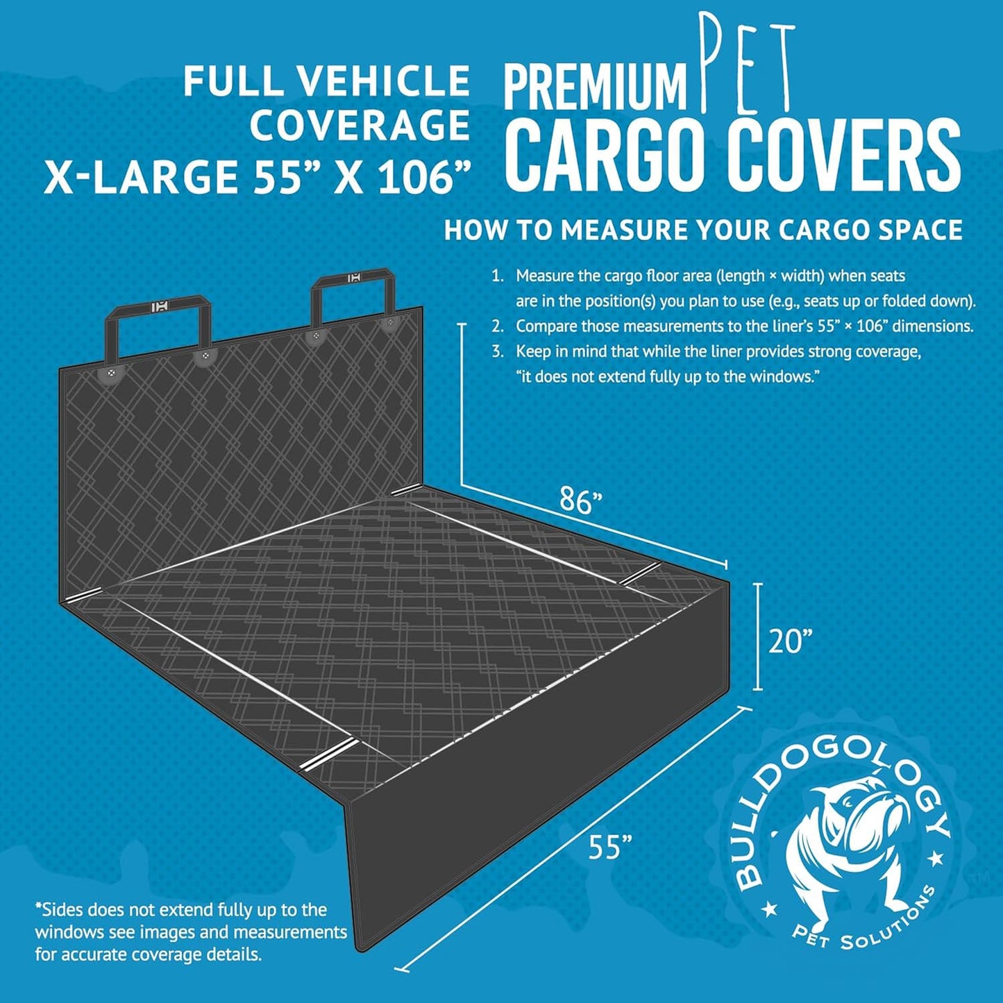 Bulldogology SUV Cargo Liner for Dogs 55"x106" Heavy Duty Pet Trunk Cargo Cover - Dog Car Seat Cover Waterproof Nonslip - Dog Hair, Muddy Paws, Scratches Cover Protector for Cars Vans (X-Large, Black)