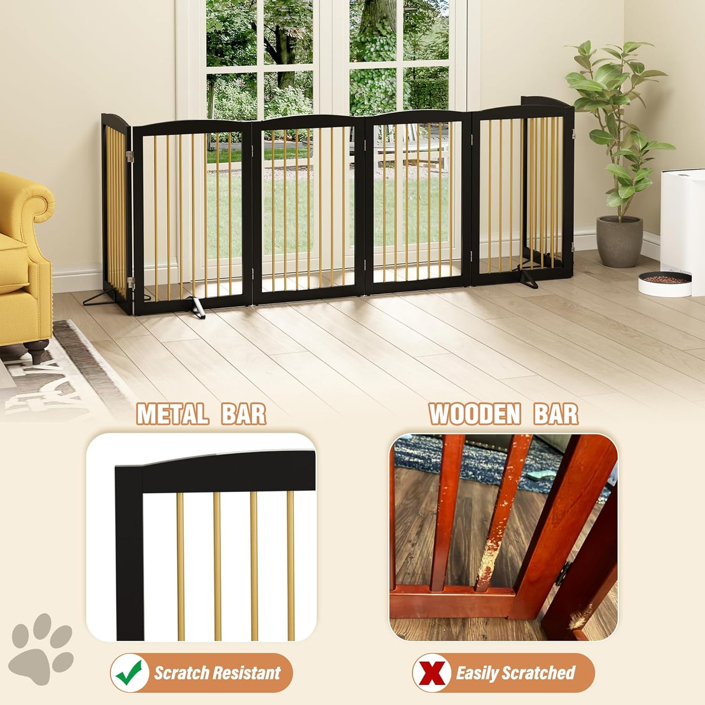 Freestanding Pet Gate for Dogs, Indoor Wooden Dog Gate for House, Extra Wide Dog gate, Foldable Dog Gate for Stair, Doorway, Hall, Support Feet Included, 120 Inch Wide, 6 Panels 32",Black&Gold