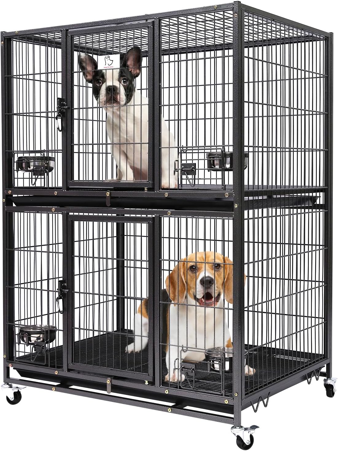 Homey Pet Two Tiers 37 Inch Dog Crate Cage Kennel with Feeding Door and Bowls, Lockable Wheels and Removable Tray, Escape Proof Metal Wire Heavy Duty Dog Crates for Medium/Small Sized Dogs (3 Pack)